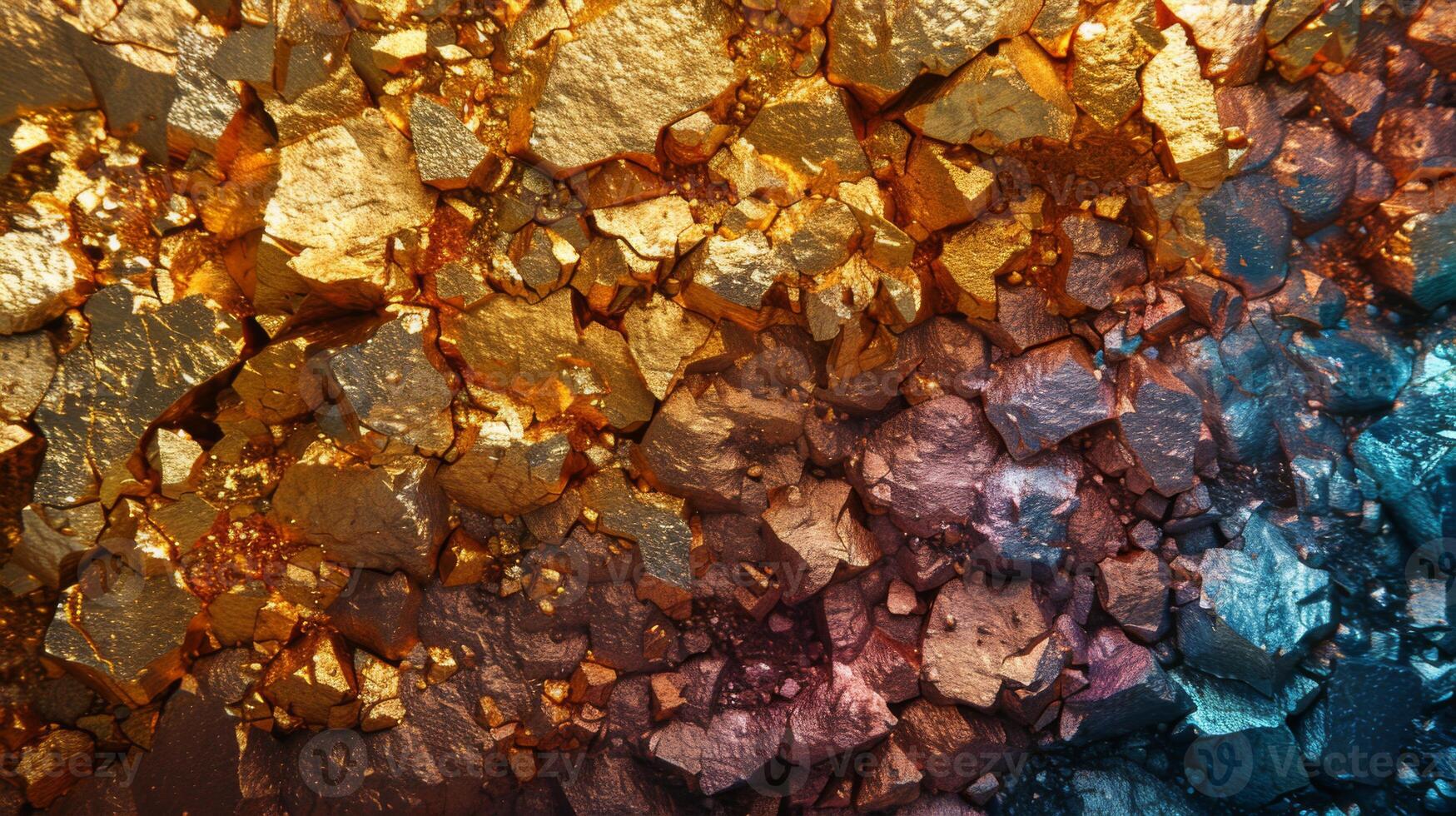 A vibrant display of mineral textures featuring colors like gold, copper, and silver, highlighting the diverse patterns created by natural geological processes in daylight. photo
