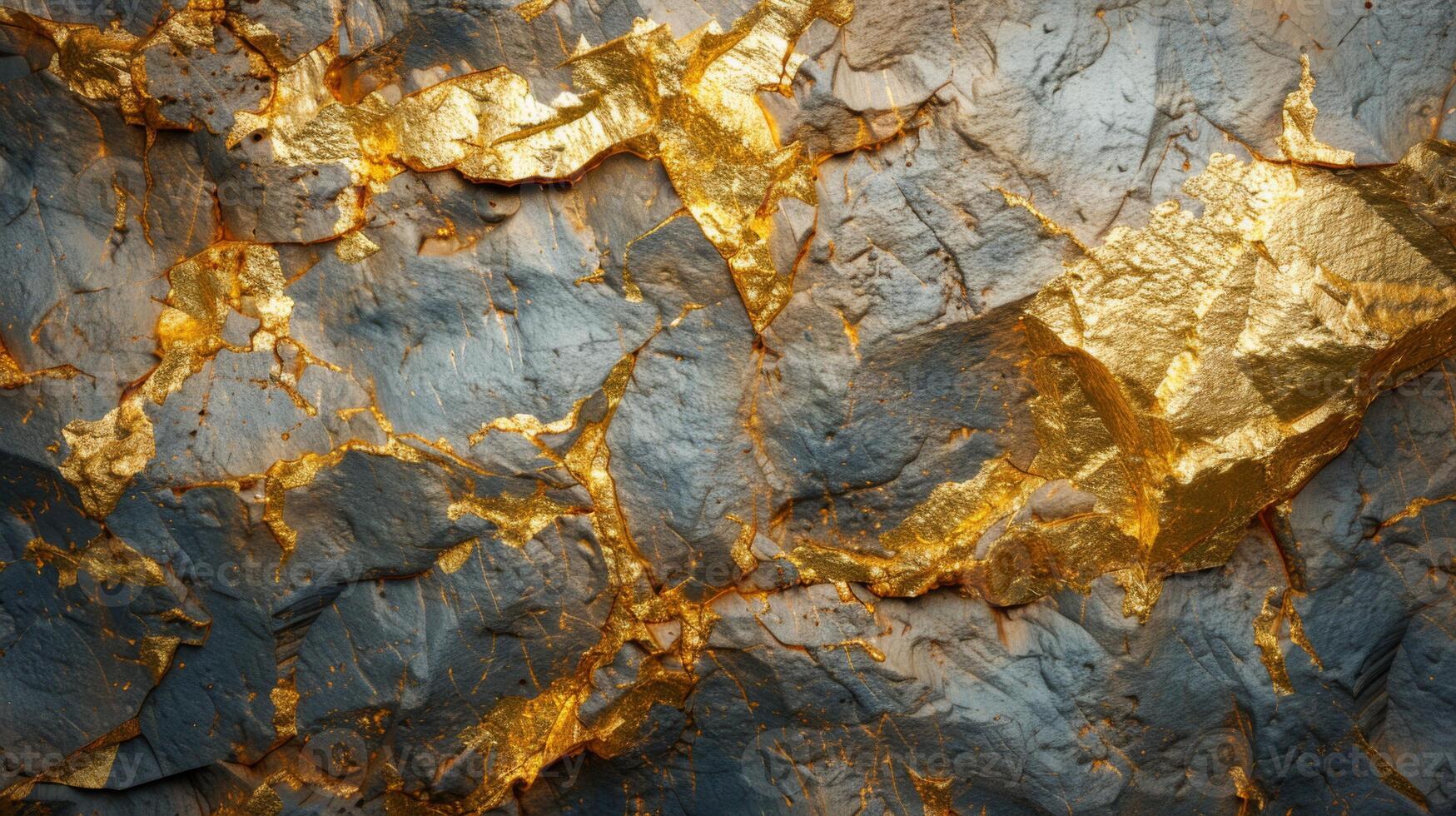 A striking rock surface displays intricate patterns of gold forming natural veins amidst a rough gray texture, showcasing the beauty of geology in natural light. photo