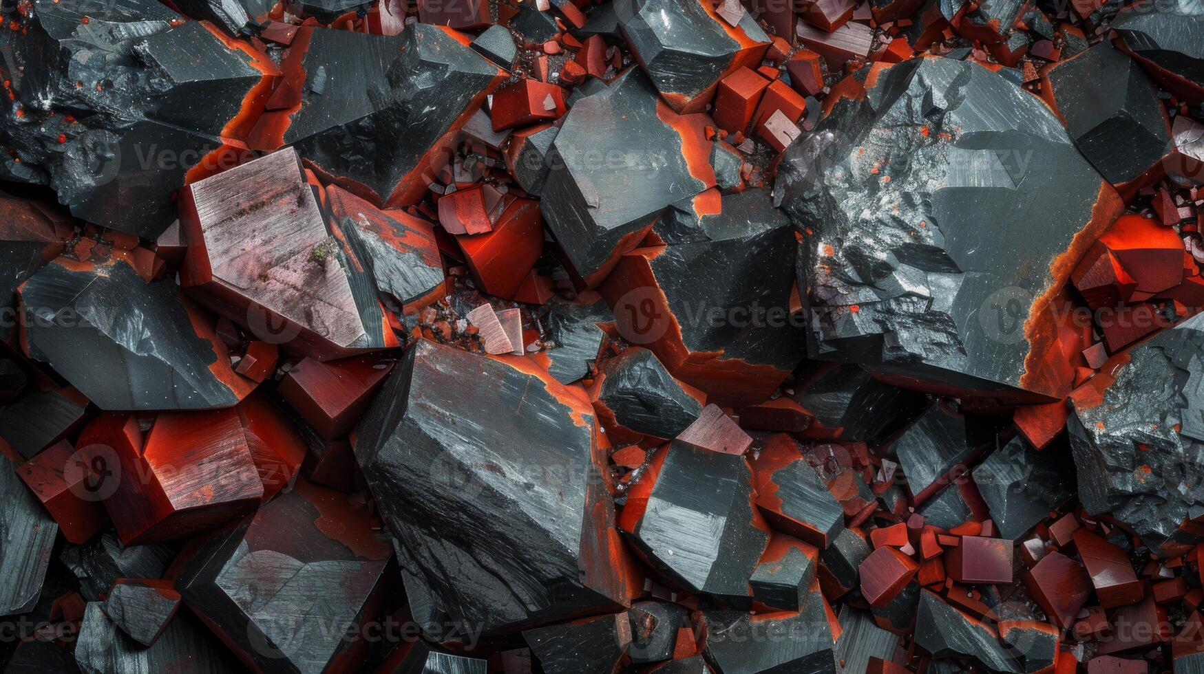 Jagged black and red stones are scattered across a surface, with glowing cracks illuminating the rocks, creating a striking contrast in the low light of dusk. photo