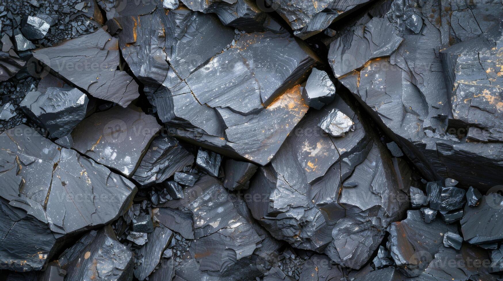 The close up view reveals dark mineral formations that exhibit sharp edges and cracked surfaces, highlighting the natural beauty and complexity of the geological landscape in a mining area. photo
