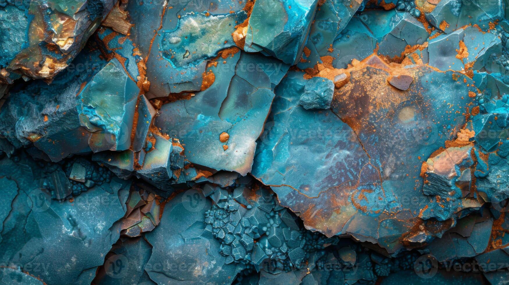 Intricate patterns of blue and turquoise minerals showcase the beauty of geological formations. The rocky surface reveals unique textures and colors under natural light. photo