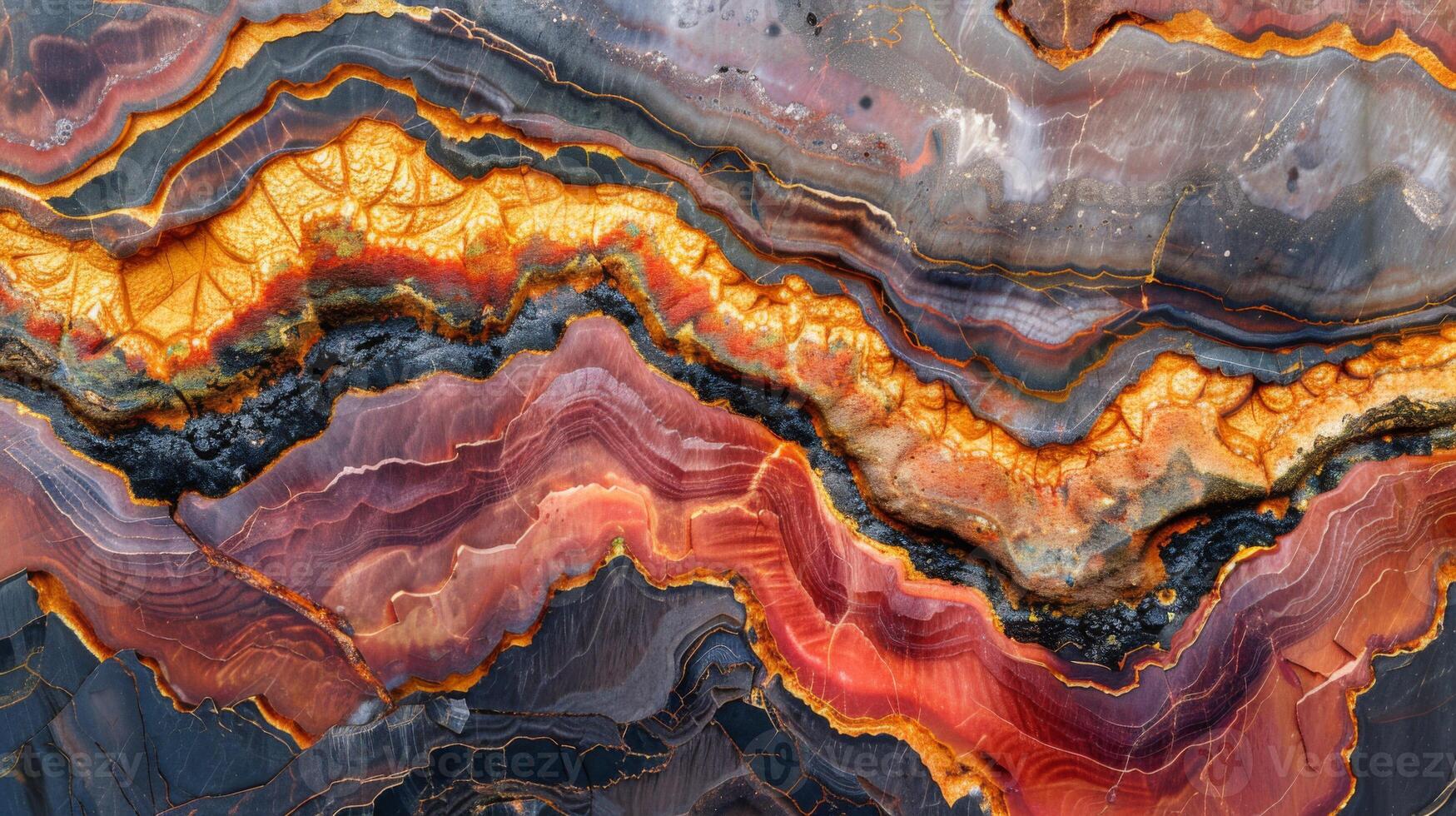 Intricate formations of agate stone highlight vibrant colors such as reds, oranges, and blacks. The smooth, layered textures reveal the natural beauty of mineral deposits found in various locations. photo