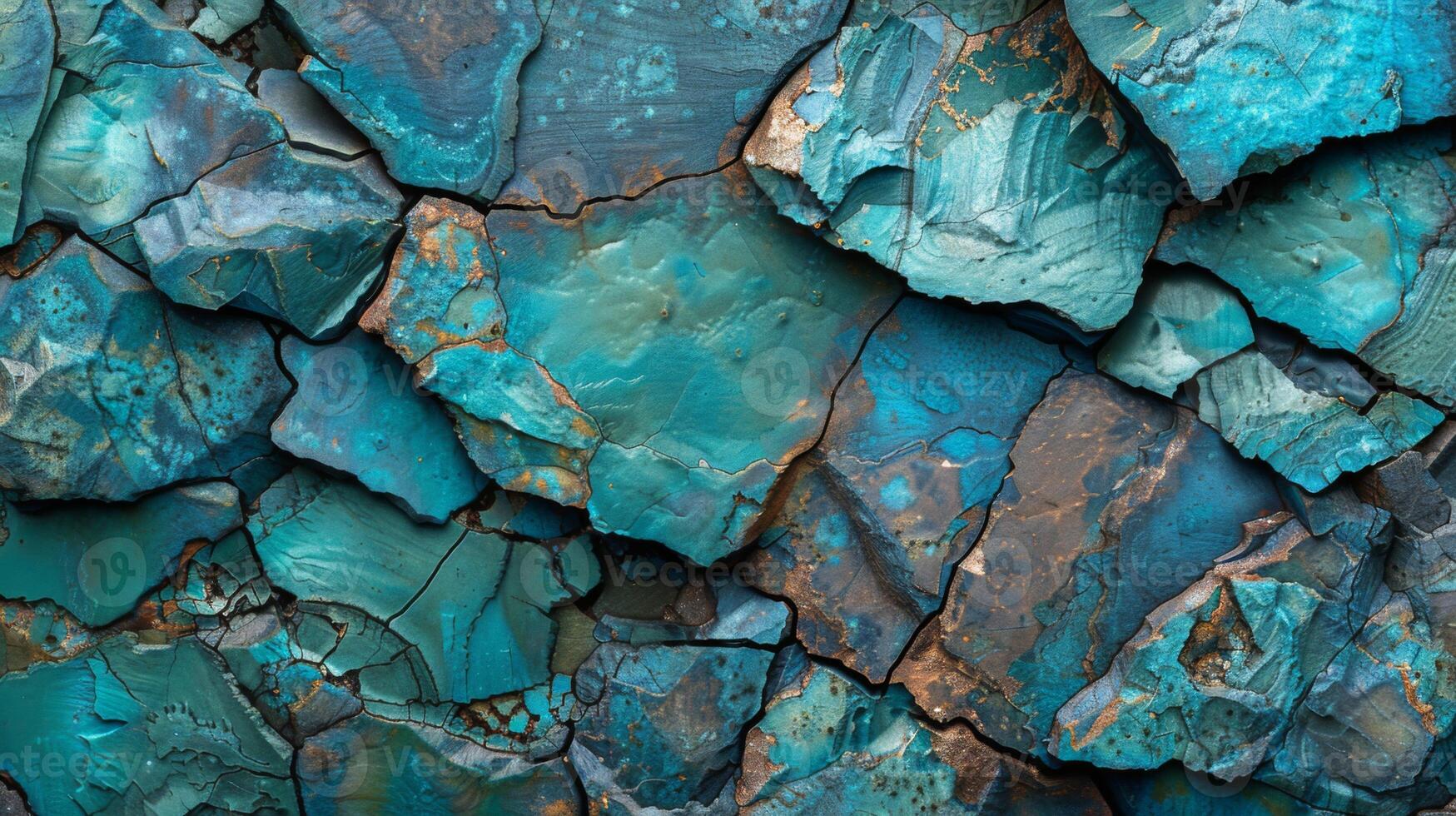 This vibrant close up features turquoise mineral formations with intricate textures and rich colors, highlighting the natural beauty of stone in a geological context. photo