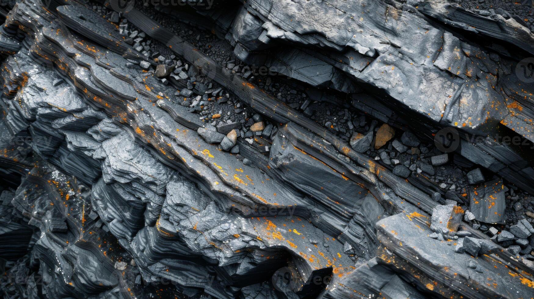 Close up view of unique rock layers highlighting the contrast between dark minerals and patches of orange lichen, illustrating geological processes in a natural setting under sunlight. photo