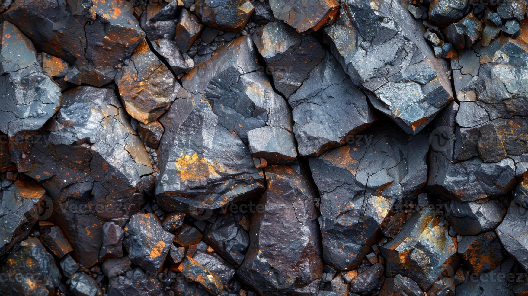 Detailed textures of dark rocks displaying a natural metallic shine and hints of rust, showcasing the geological features in a rugged terrain under bright daylight. photo
