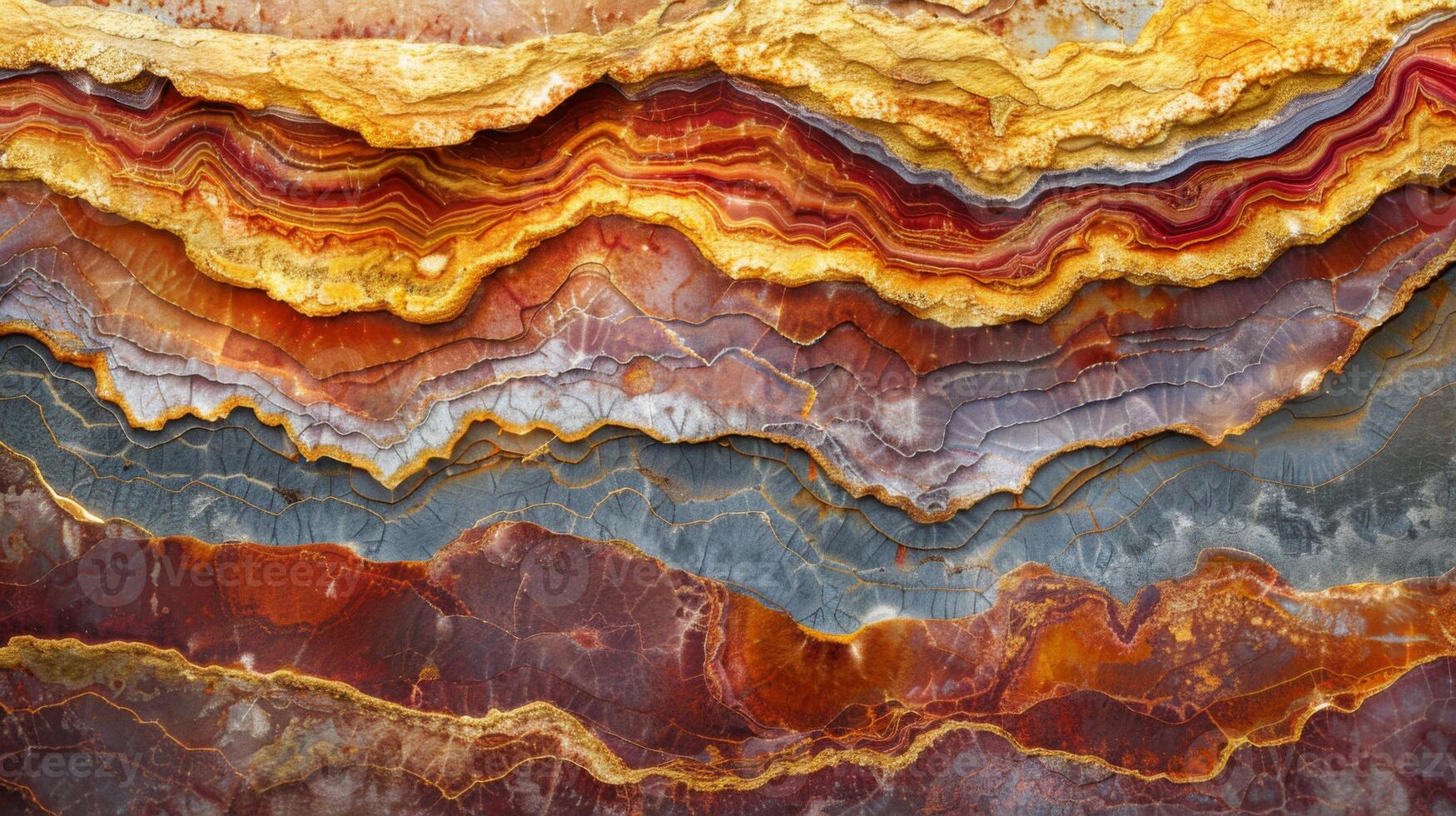 Striking layers of natural stone reveal a palette of rich colors including reds, yellows, and blues, showcasing the beauty of geological formations through time and pressure. photo