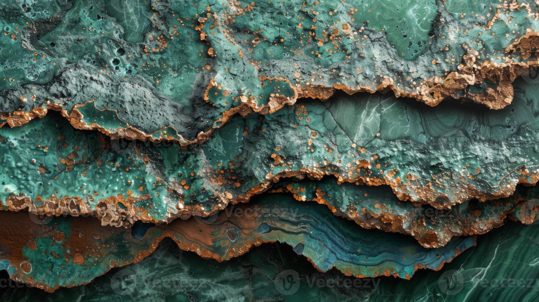 Intricate layers of green minerals reveal various textures and hues, highlighting the beauty of natural formations under bright daylight in a serene environment. photo