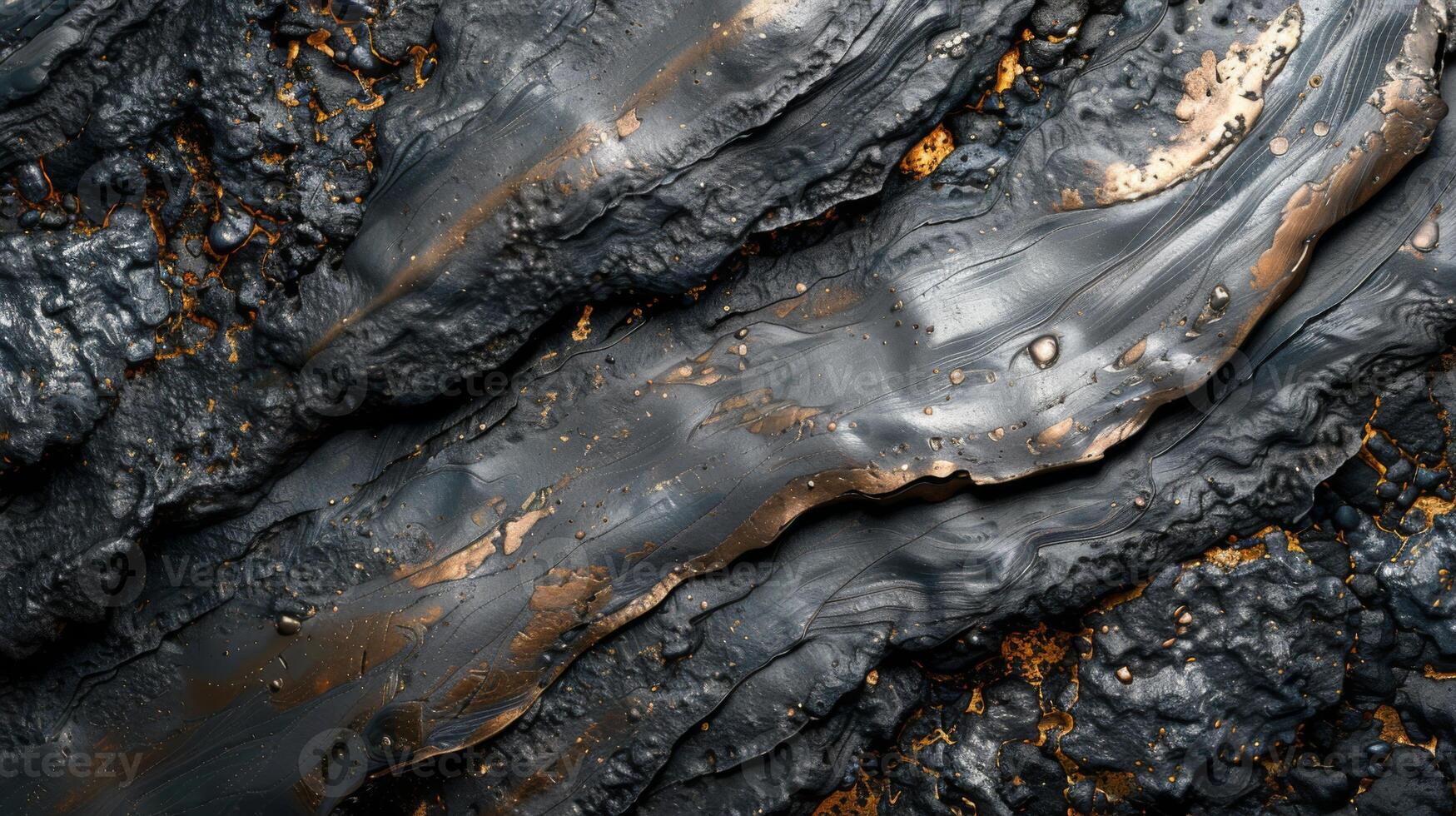 Complex textures show smooth dark surfaces with metallic gold highlights, that create an abstract design evoking natural elements such as lava flow or liquid metal photo