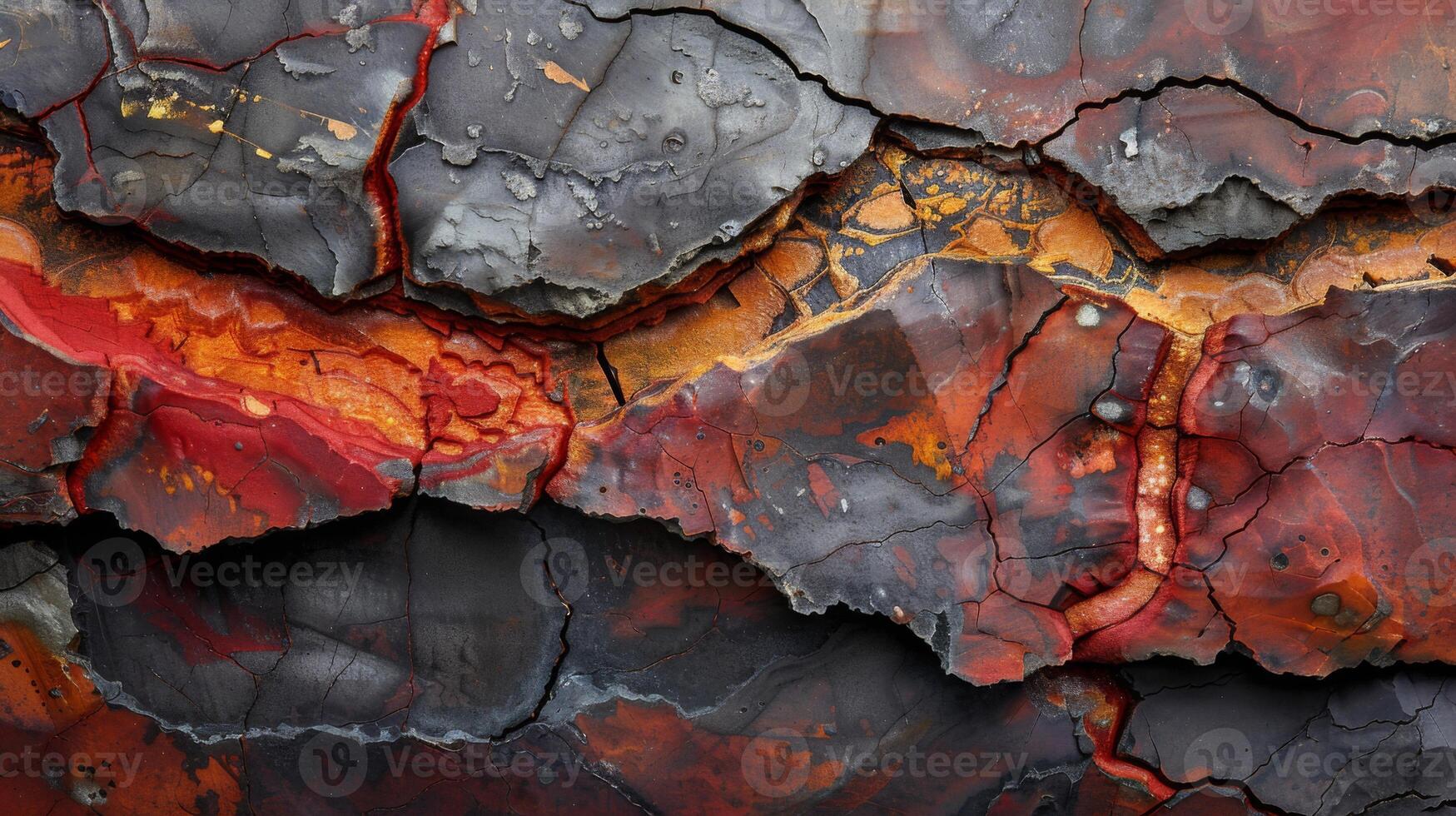 An intricate surface displays eye catching patterns with vibrant reds, oranges, and blacks. The cracks create a striking abstract representation of geological features, showcasing natural textures. photo
