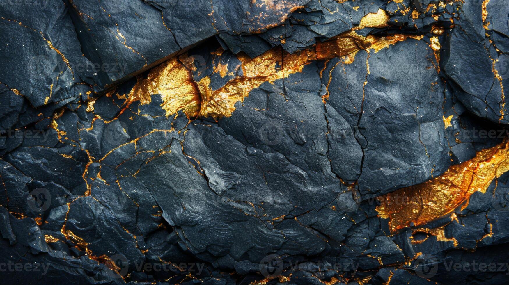 Textures of black slate rock reveal striking gold veins, creating a stunning contrast and intricate patterns that showcase nature's artistry in geological formations. photo