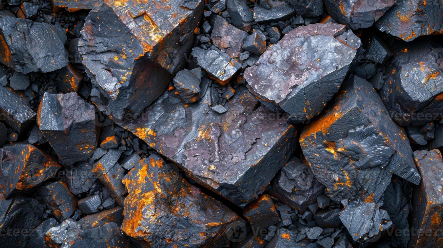 Rocks of various shapes and sizes are closely packed, displaying a mix of dark hues and striking orange oxidation. The geological features highlight their natural beauty and texture variations. photo