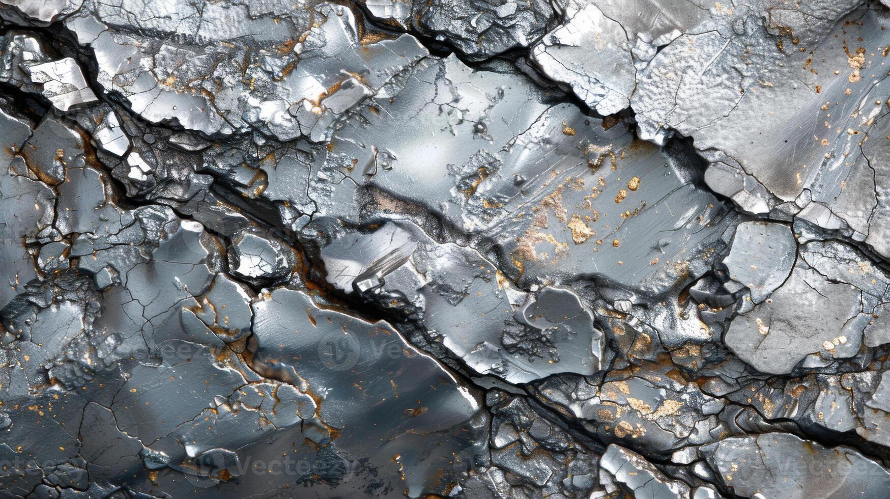 Close up view reveals a textured metallic surface featuring a mix of silver and gold hues. The shine catches natural light, highlighting the cracked patterns and details on the surface. photo