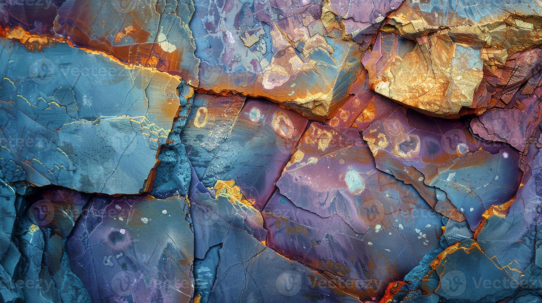 Vibrant hues of blue, purple, and gold adorn the rocky surface, revealing intricate layers and textures created by natural processes in sunlight. photo