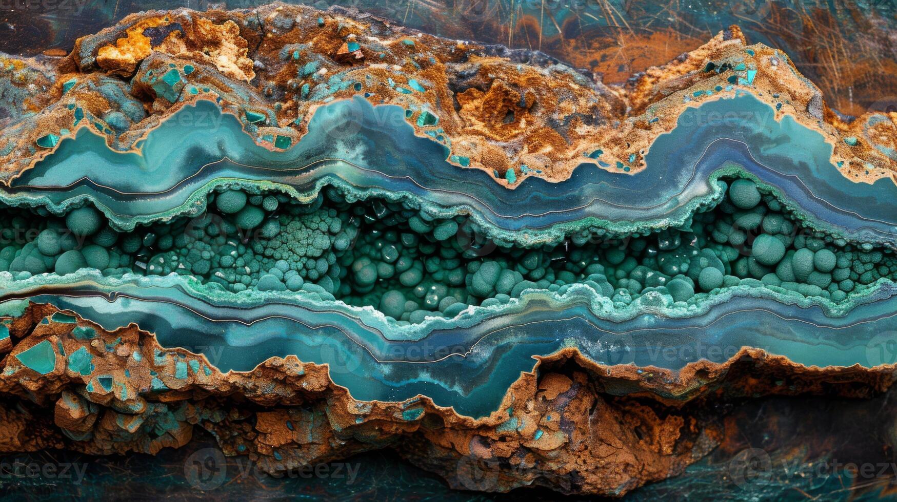 Stunning mineral cross section reveals mesmerizing patterns of turquoise and green shades amidst a backdrop of textured earth, highlighting nature's artistry. photo