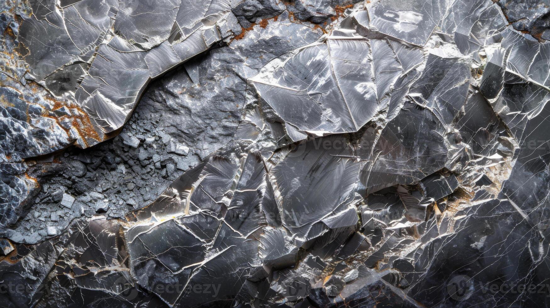 Close up view of dark grey mineral shards showcasing their sharp edges and distinct layers, highlighting the natural beauty and complexity of geological formations photo