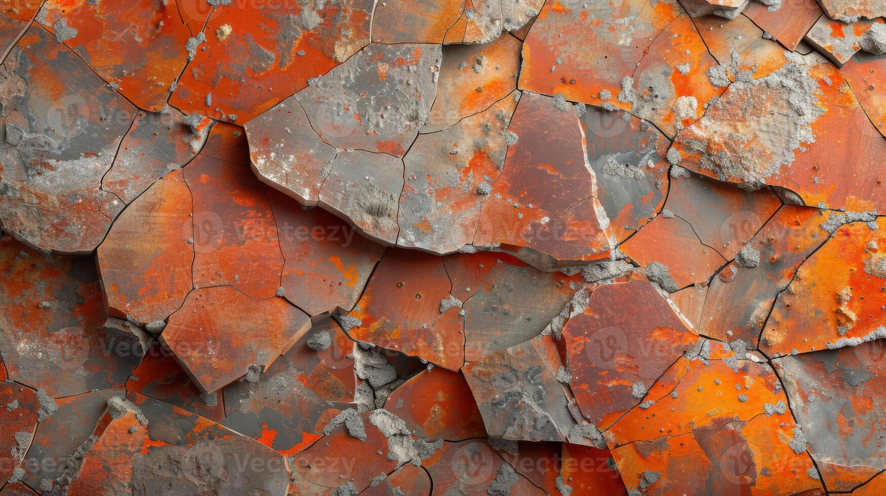 A textured surface displays cracks filled with a mix of orange and gray colors, suggesting age and wear. The intricate patterns add depth and character, emphasizing natural artistry. photo