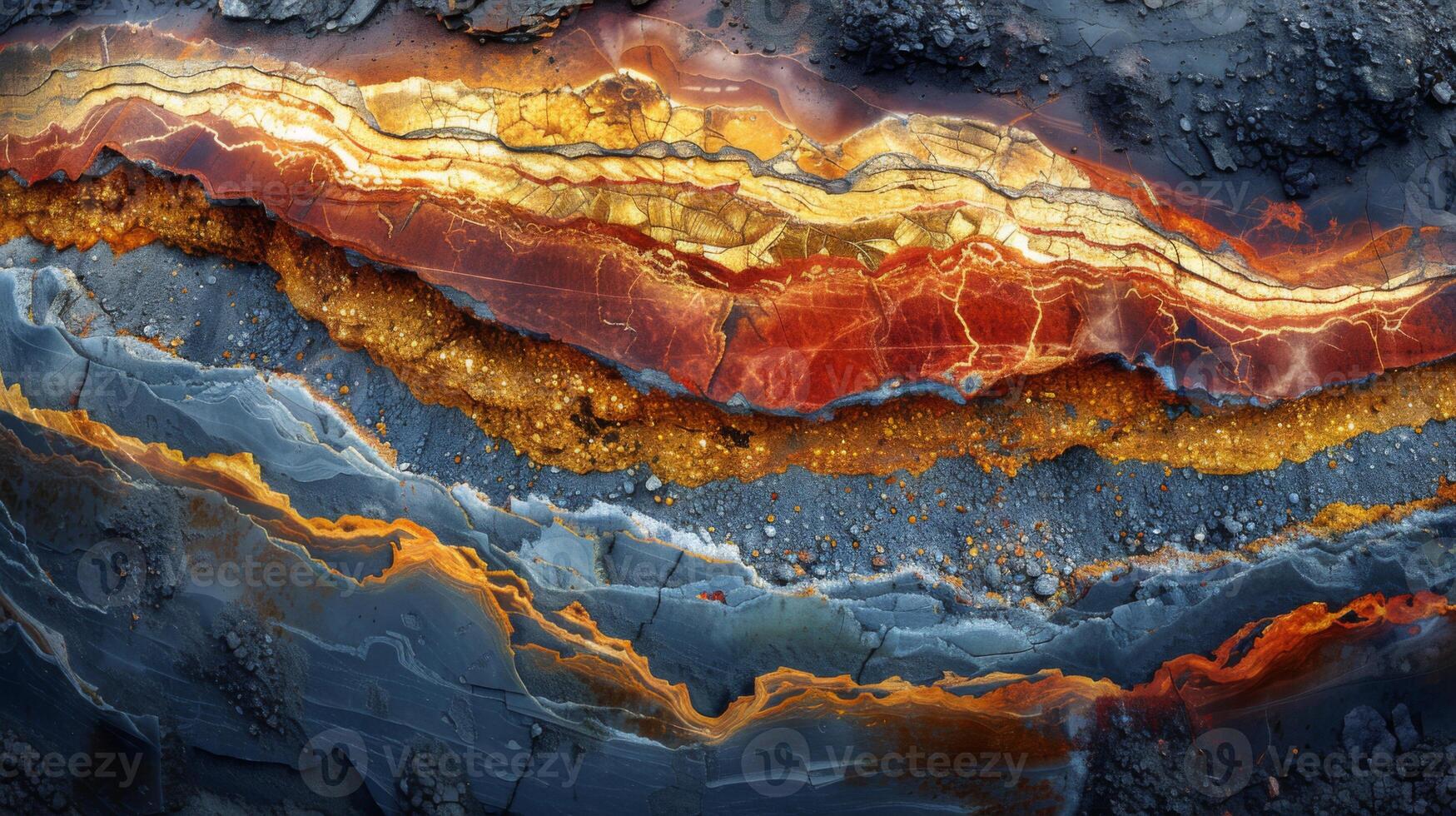 Vibrant layers of rock in shades of red, orange, and blue reveal intricate patterns formed by geological processes in a stunning underground setting. photo