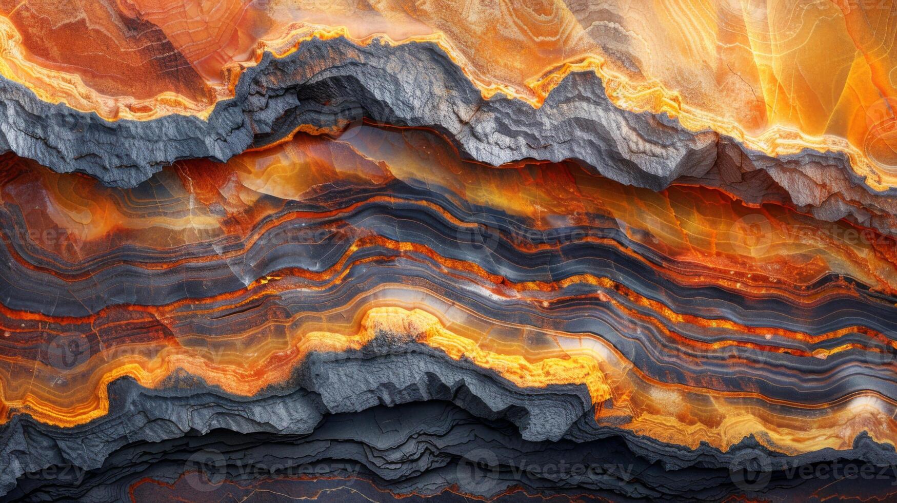 Layers of rock showcase striking orange and gray colors, exhibiting geological features shaped over time. The intricate patterns highlight natural erosion and mineral variations. photo