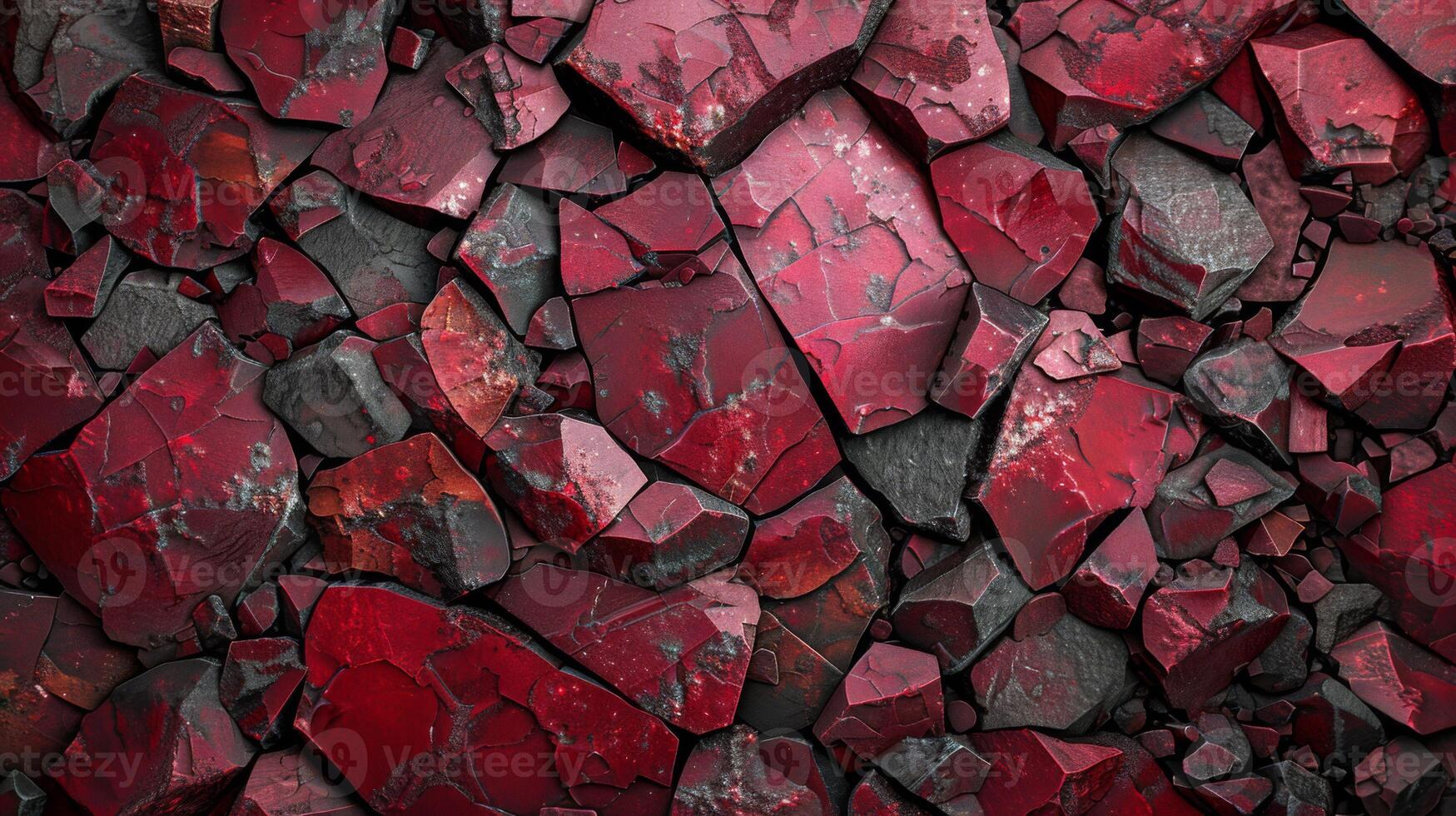 A close up view of fragmented red and black stones reveals a stunning tapestry of colors and textures, highlighting the beauty of nature's mineral formations. photo
