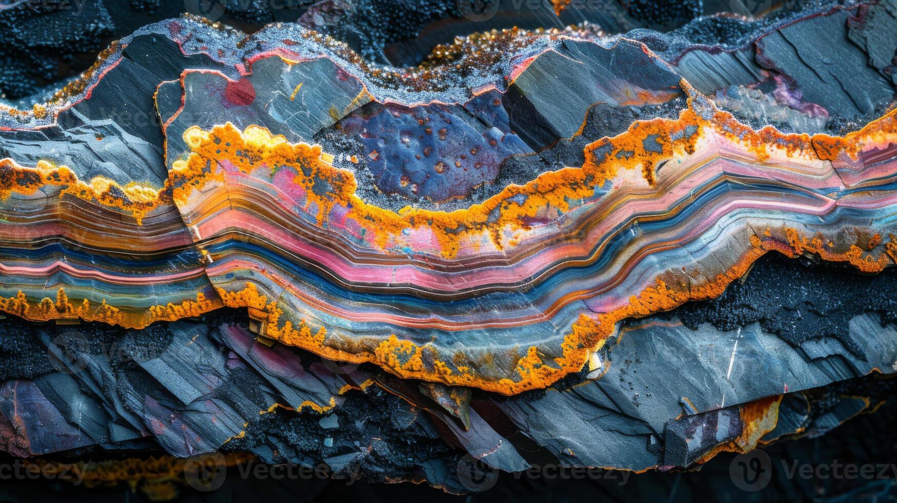 This striking mineral specimen features vivid bands of colors such as orange, purple, and blue, set against dark rock textures, highlighting its unique geological formation and beauty. photo