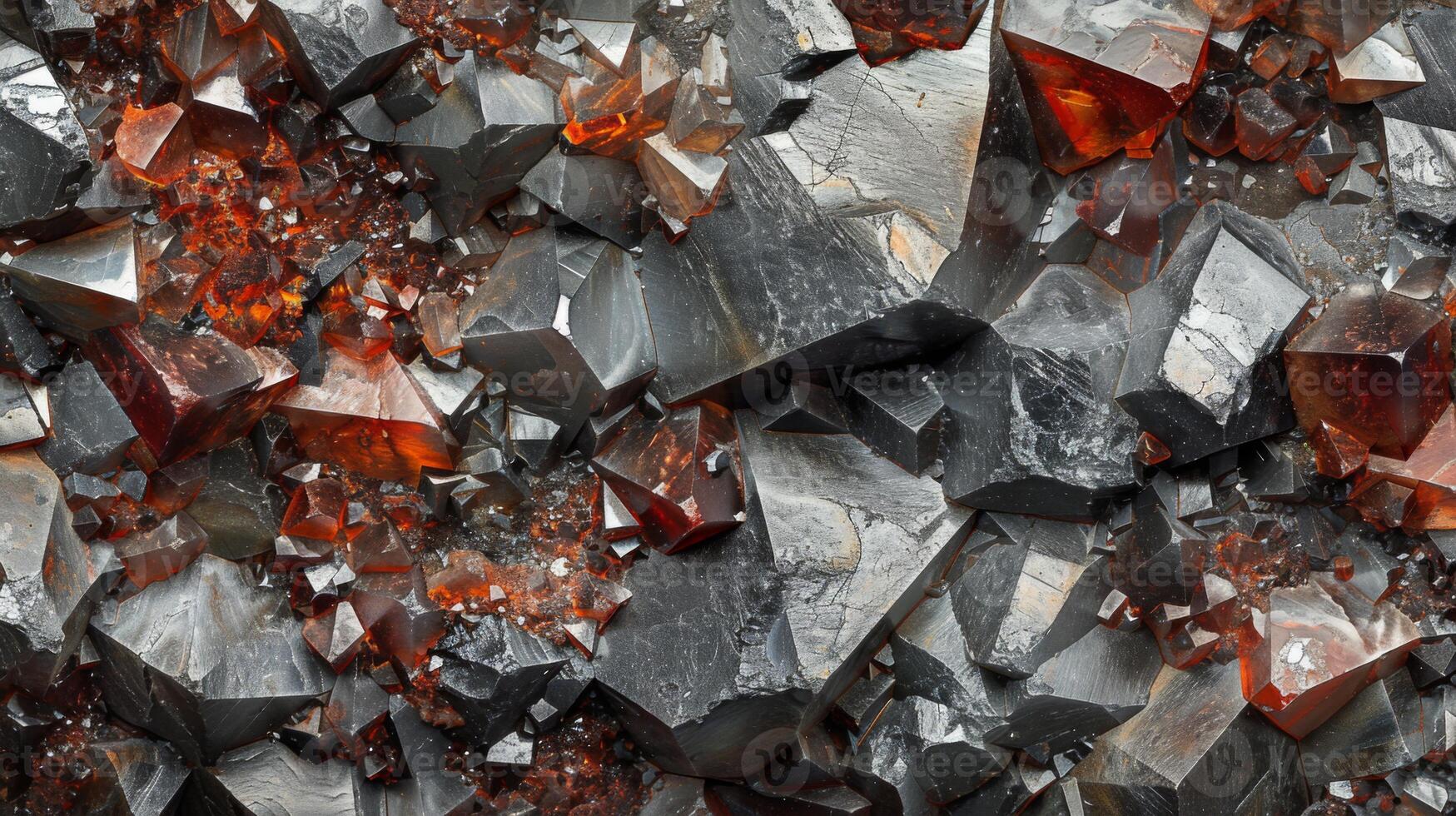 Various crystals exhibit a beautiful interplay of shiny gray and vibrant red hues, showcasing natural geological formations with intricate textures and shapes. photo