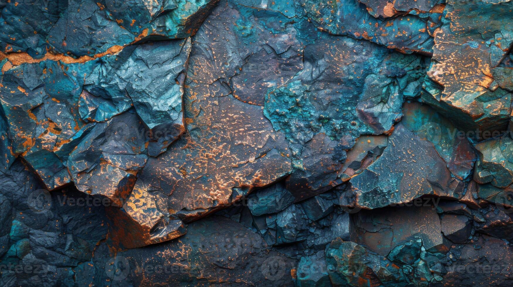 Unique mineral formations reveal a vibrant blend of blue and copper hues, showcasing the intricate textures of nature in a remote geological area during daylight hours photo