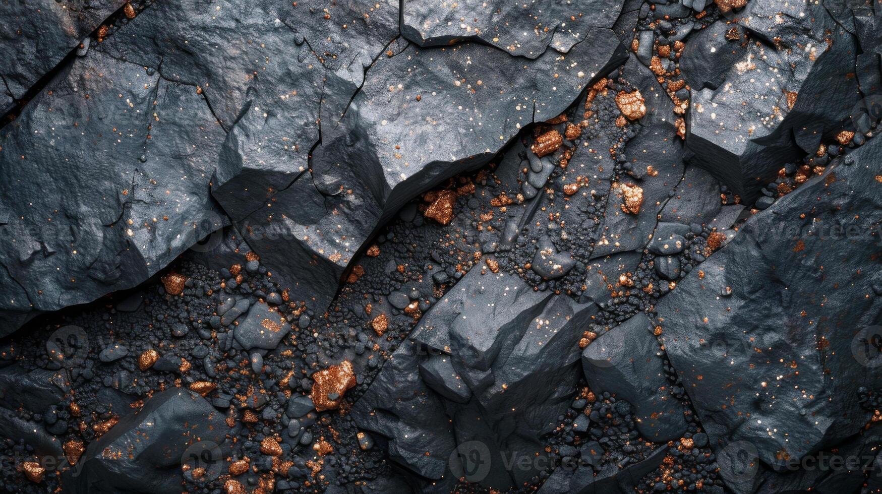 Rocky terrain exhibits a mix of dark minerals and scattered metallic fragments, highlighting the natural formations and varying textures under sunlight, creating a visually striking effect. photo