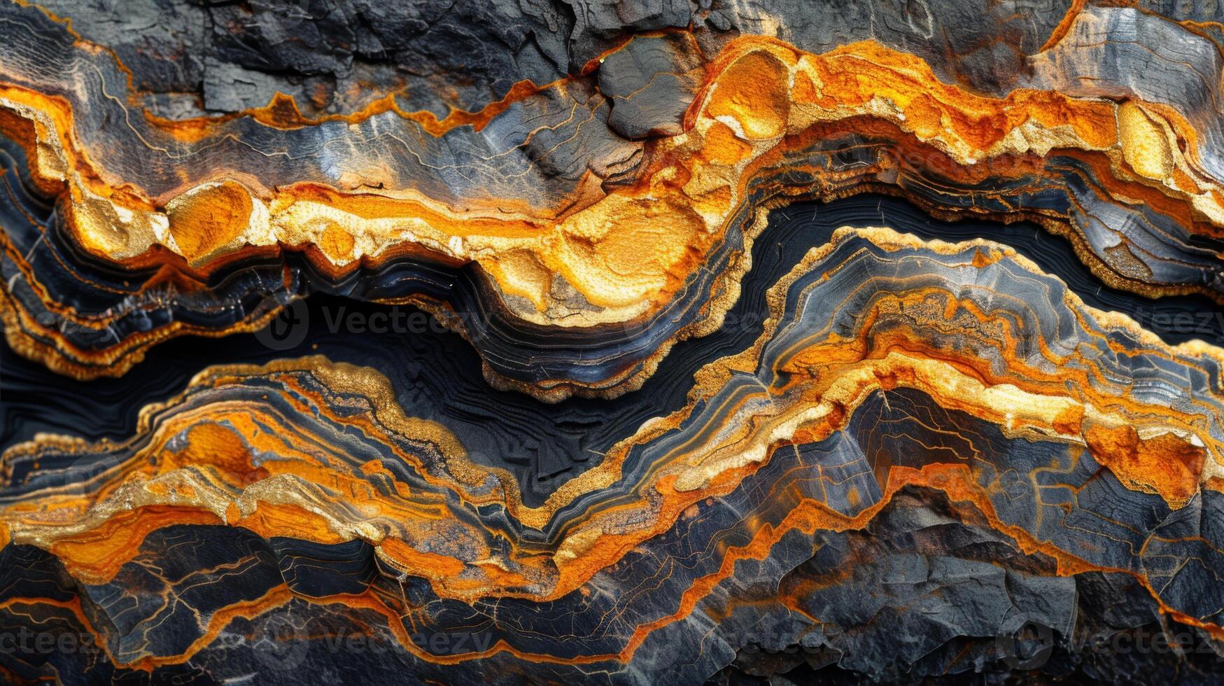 Close view of a rock formation showcasing layers of black and gold minerals. The intricate patterns reflect natural processes over time, highlighting geological beauty. photo