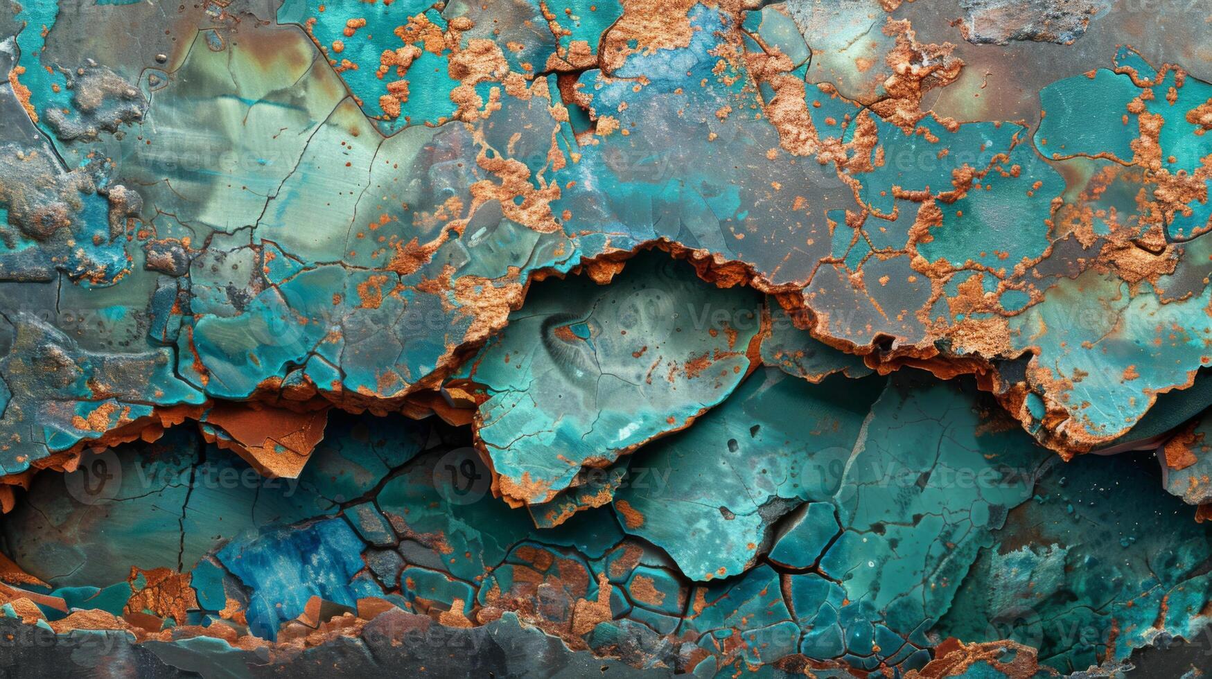 Vibrant turquoise and copper colors emerge from peeling paint, showcasing an abstract design with intricate textures and patterns that create a striking visual effect. photo