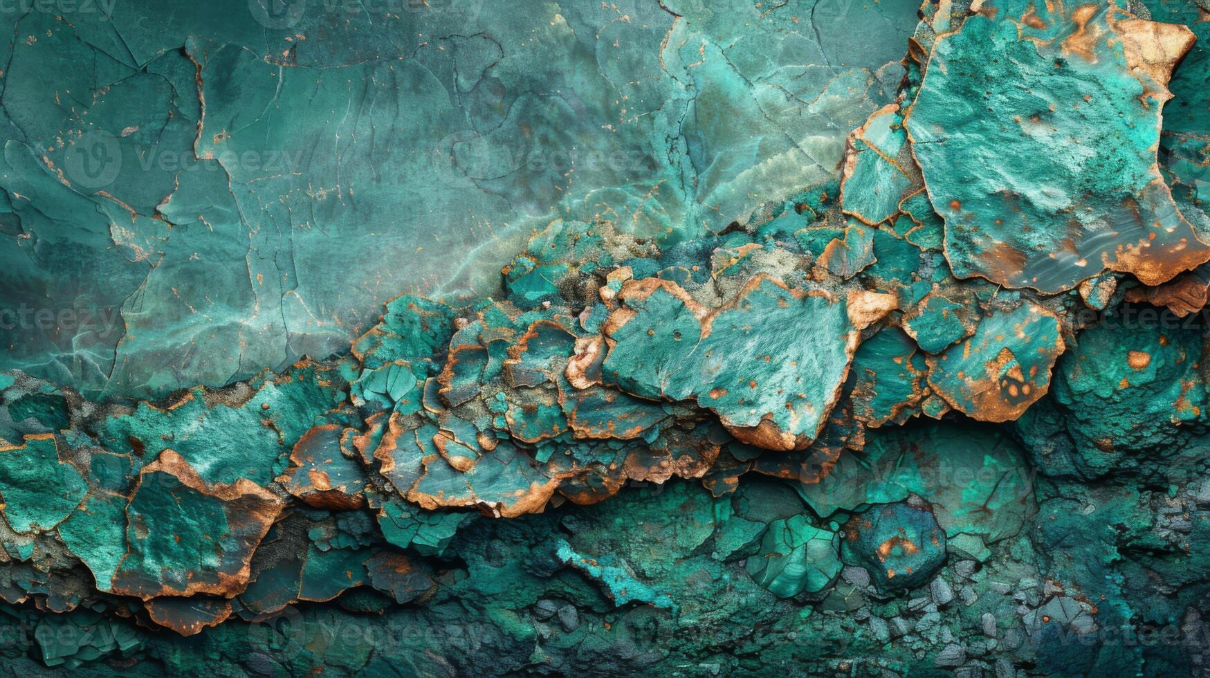 Layers of vibrant green and blue minerals cascade across a rocky surface, revealing unique textures and shapes illuminated by gentle light, showcasing natural beauty and geological wonders. photo