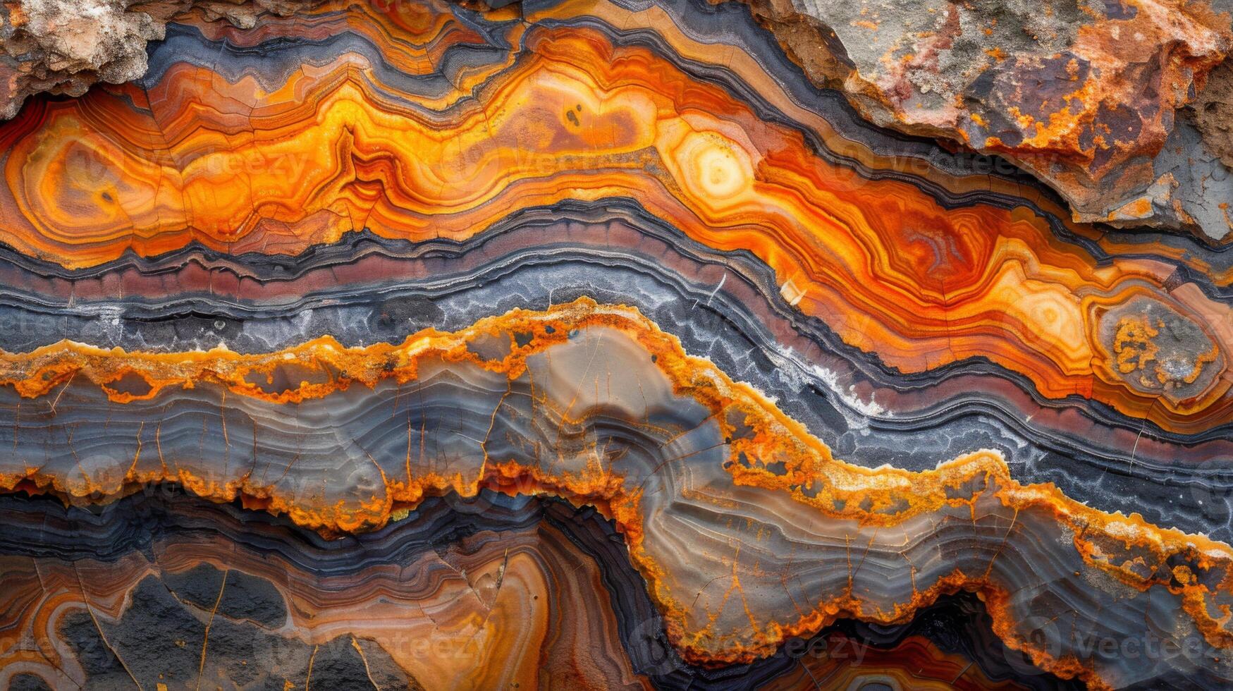 Striking layers of orange and gray create a vivid display in a rock formation, showcasing the beauty of natural minerals at a geological site during daylight. photo