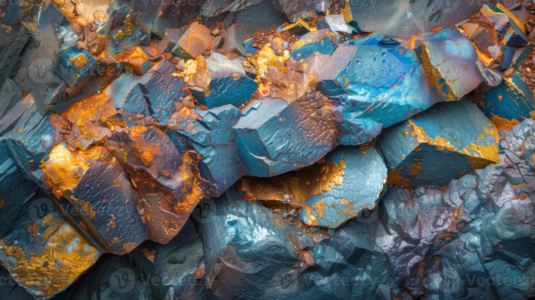 A striking formation of colorful minerals showcases a blend of blue and gold hues, revealing textures and layers that highlight the beauty of natural geology in a close up view. photo
