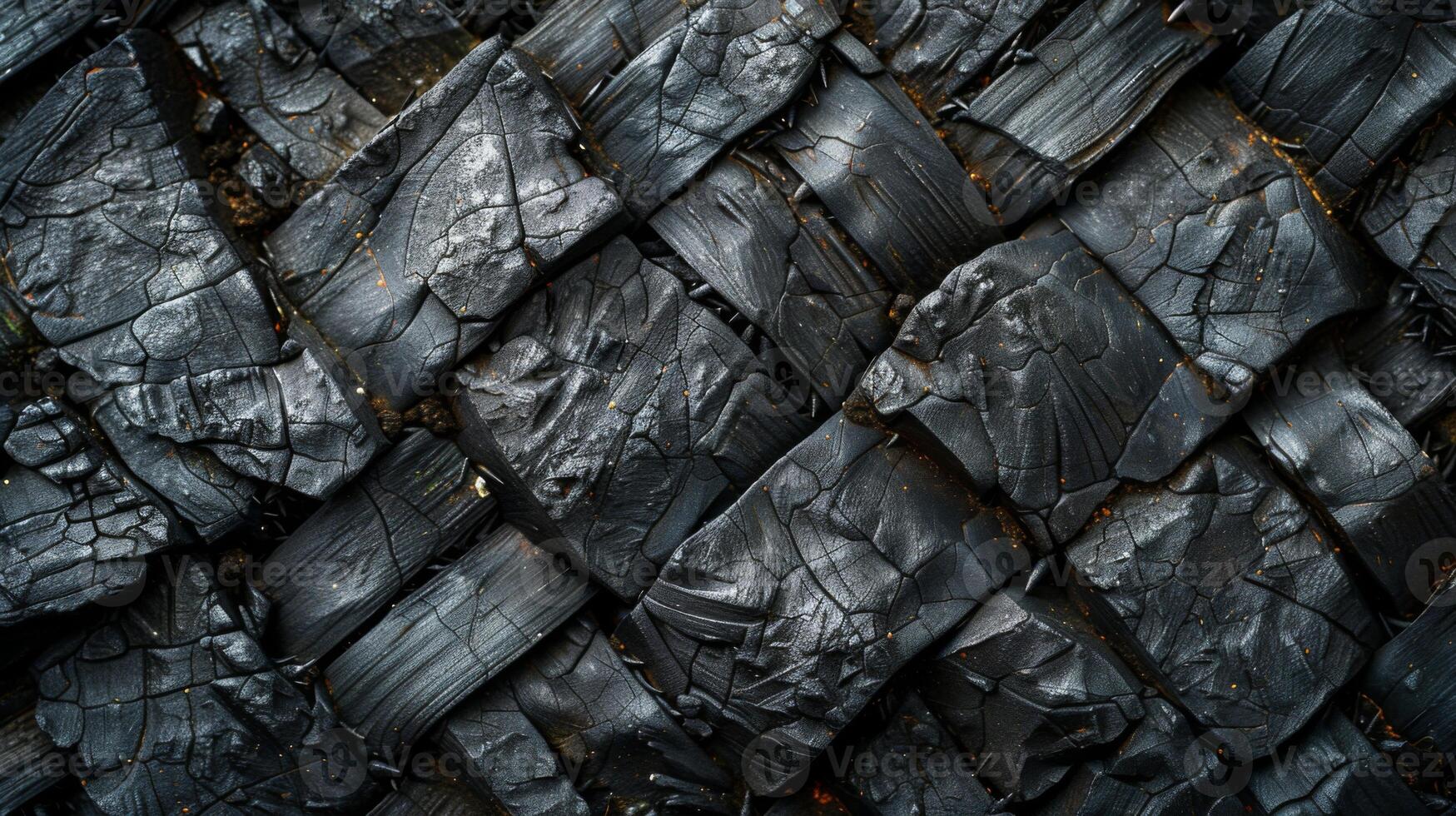 Detailed view of charred wood pieces arranged in a unique pattern, illustrating the aftermath of fire. The blackened surfaces reveal the texture and complexity of burned natural materials. photo
