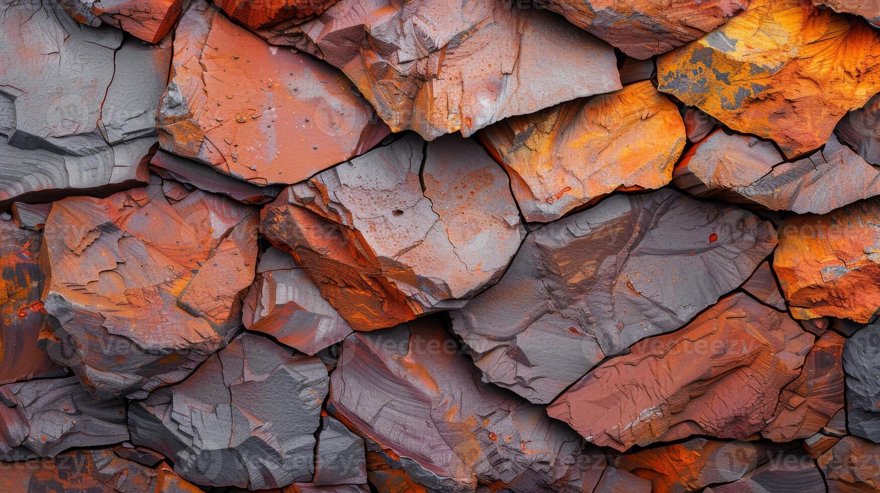 Vibrant natural stones are stacked closely, featuring shades of red, orange, and gray in varied textures and shapes under natural light. photo
