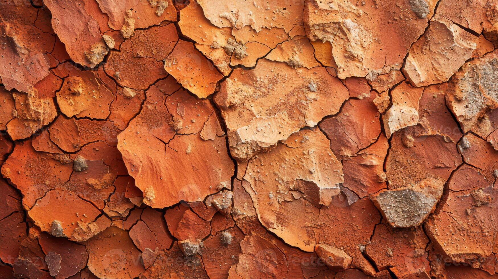 The ground exhibits a detailed texture of dry cracks and various shades of orange and brown, highlighting the effects of heat and lack of moisture in a sunny outdoor location. photo
