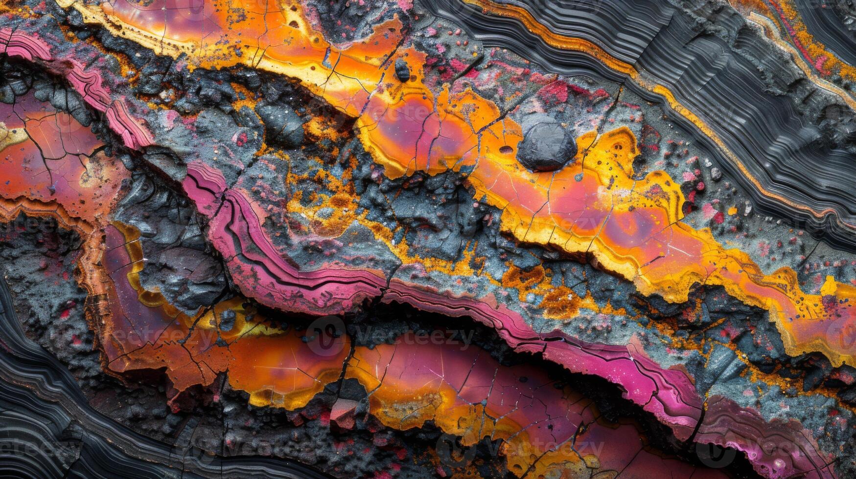 Intricate layers of agate present a mesmerizing display of vibrant orange, pink, and purple hues amidst textured mineral formations. Perfect for geology enthusiasts exploring nature's beauty. photo