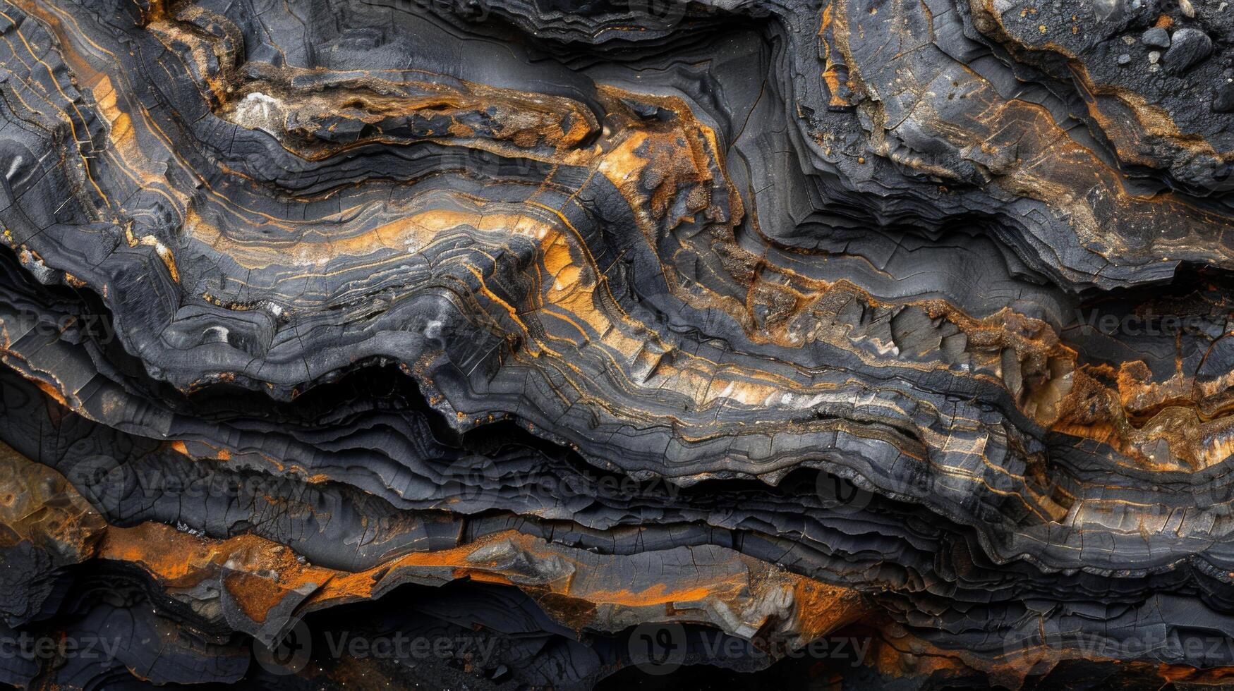 A stunning geological formation showcases layered rocks with dark minerals and vibrant orange streaks, emphasizing the beauty of natures artistry. photo