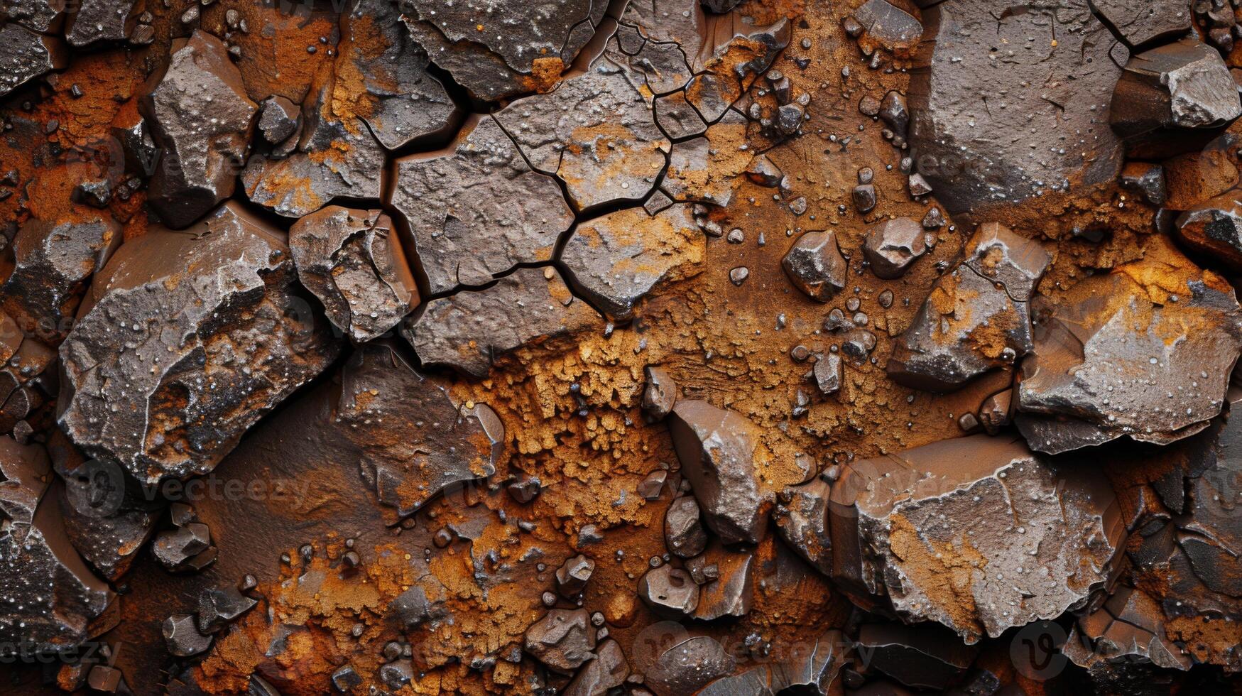 Detailed view of a rocky surface features various stones and textures with rich colors, presenting a natural landscape. Light accentuates the intricate patterns found in nature. photo