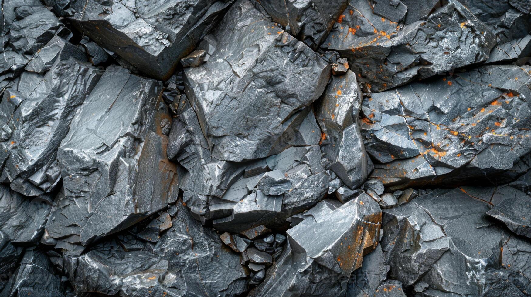 Jagged dark gray rocks are stacked closely together, revealing intricate textures and patterns, with occasional orange streaks adding contrast, illuminated by natural light. photo
