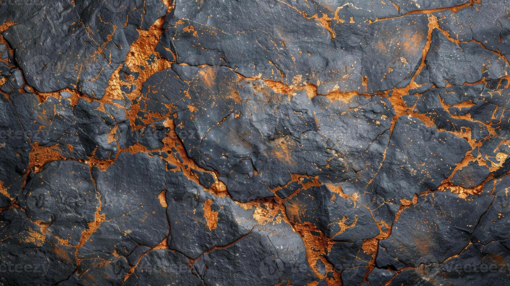 Rocky surface displays unique texture with dark tones and prominent orange mineral veins. This geological formation highlights the beauty found in natural landscapes and earth materials. photo