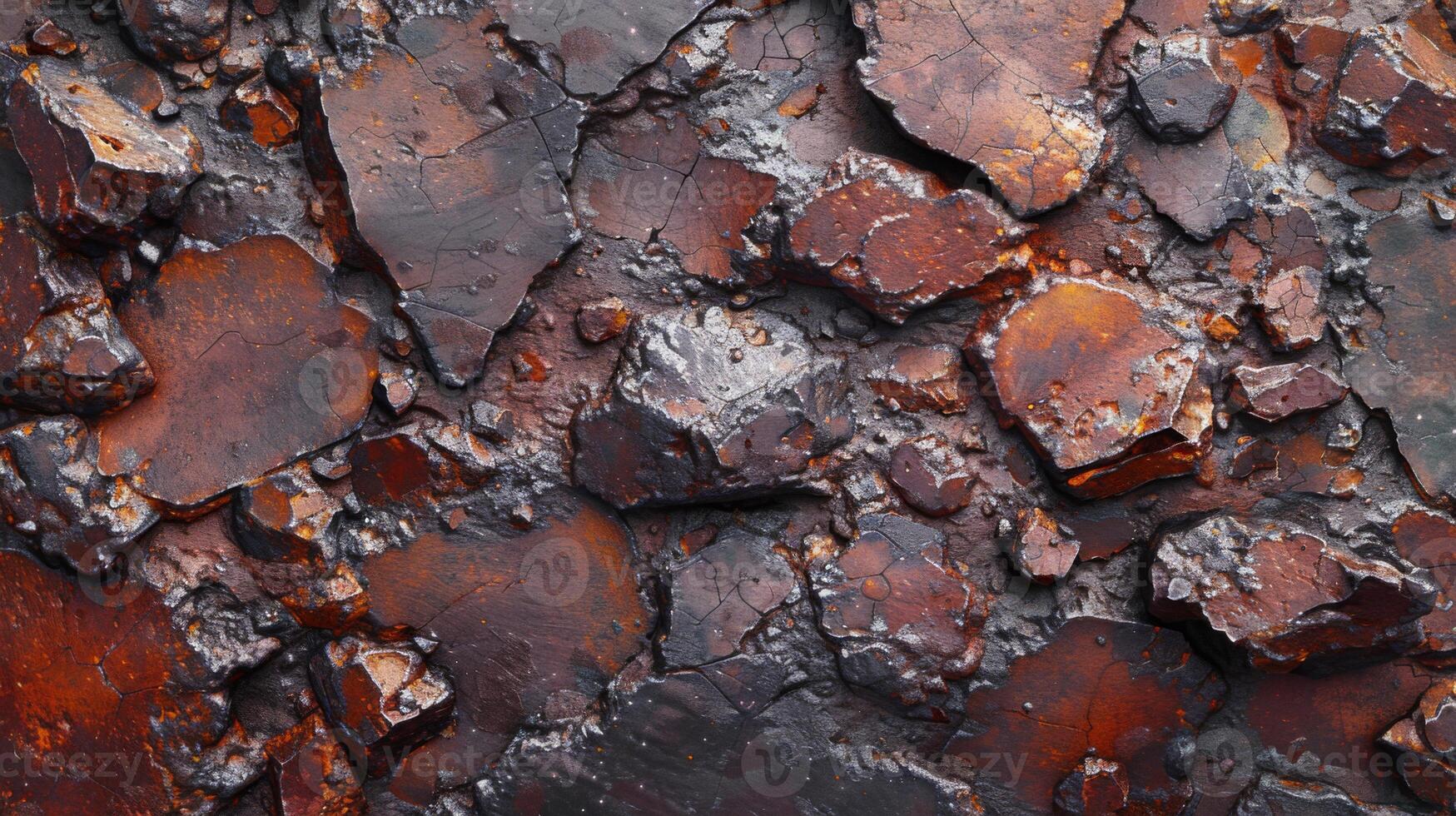 Close up view of a varied surface featuring intricate patterns of weathered rocks with shades of rust and orange under natural light, revealing the beauty of geological formations. photo
