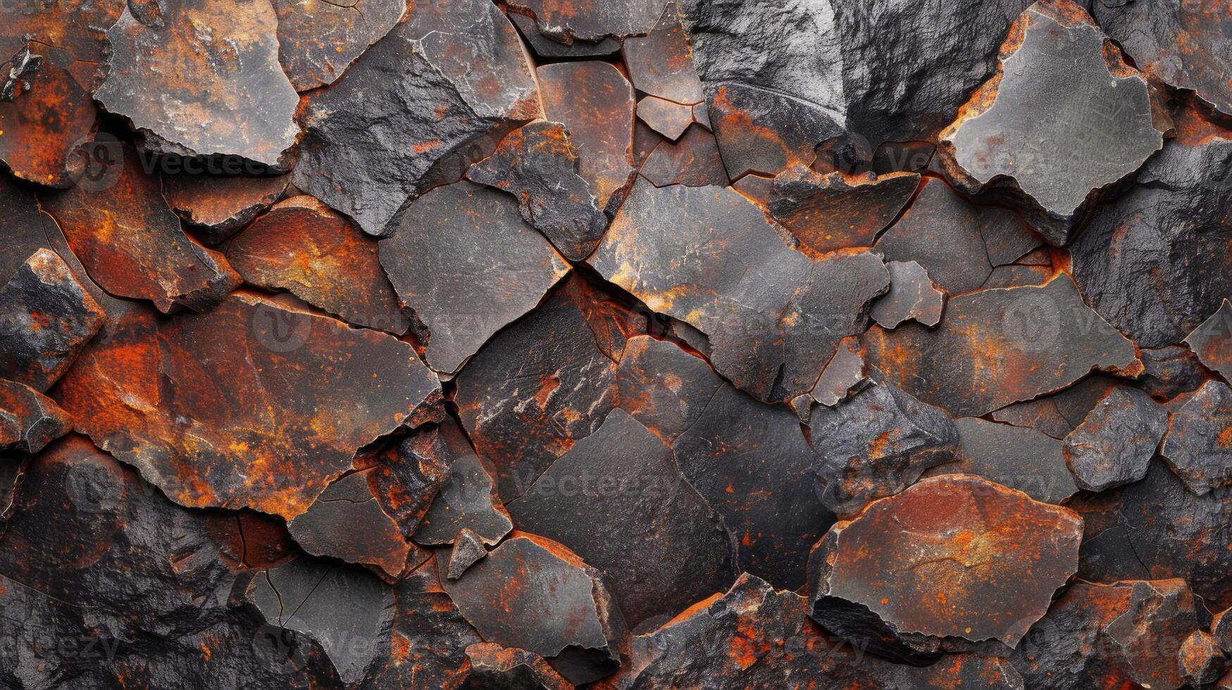 Layers of dark and rusty colored rocks form a textured background, revealing unique patterns and earthy tones. Natural lighting enhances the rugged appearance of the stones. photo