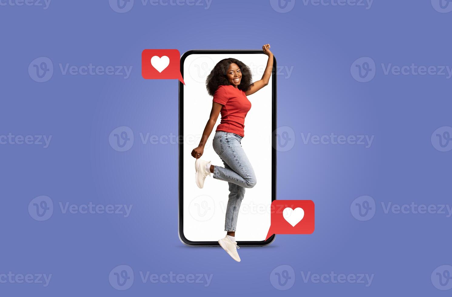 A joyful person interacts with their smartphone, receiving heart notifications. This lively collage emphasizes modern connections through messaging and dating applications. photo