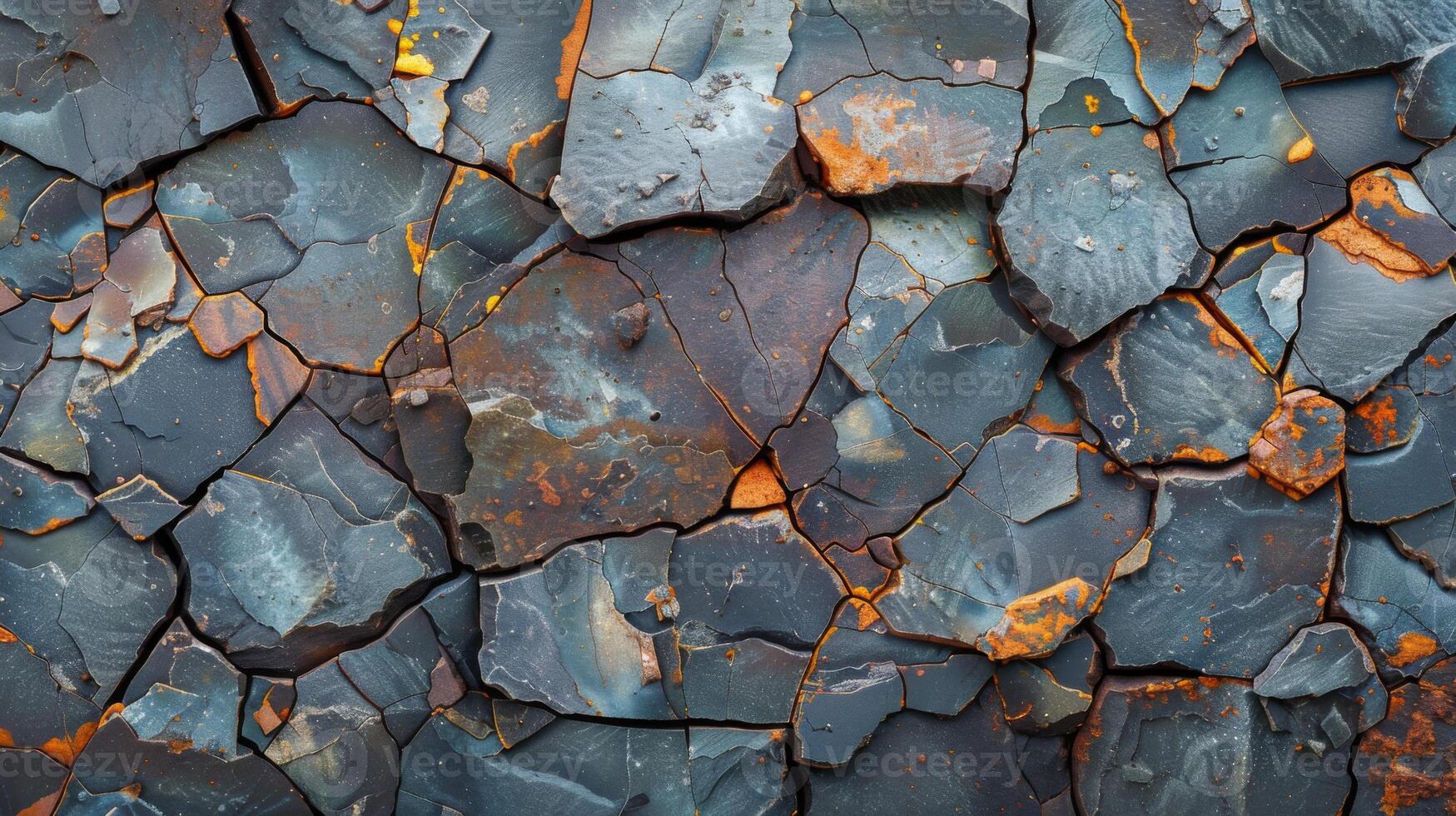 Close up view of cracked slate rock displaying distinctive blue gray tones and vibrant orange mineral deposits, showcasing the beauty of natural geological formations in daylight. photo