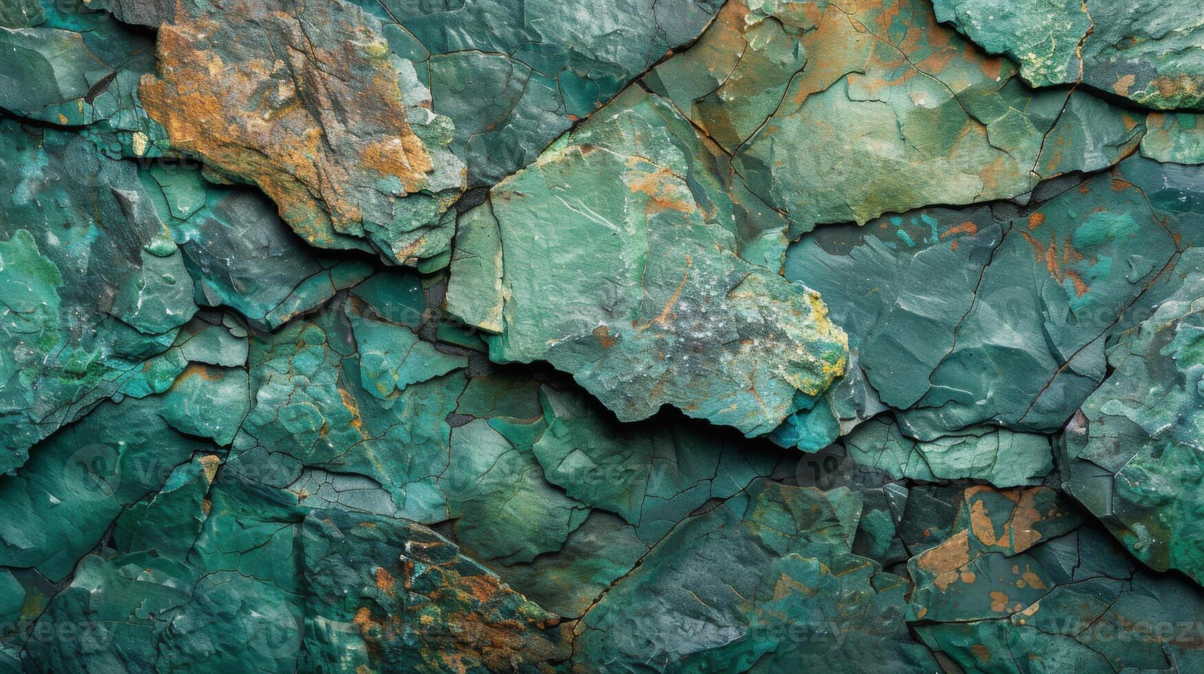 Unique layered rock textures exhibit shades of green and blue, with mineral deposits adding hints of orange, revealing the natural beauty of geological formations. photo