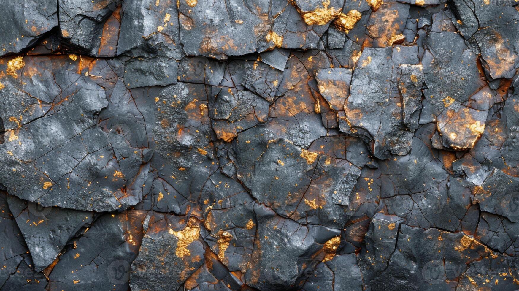 The dark stone surface reveals irregular patterns with golden mineral veins intertwined among fragments, highlighting a unique geological formation and rich textures. photo