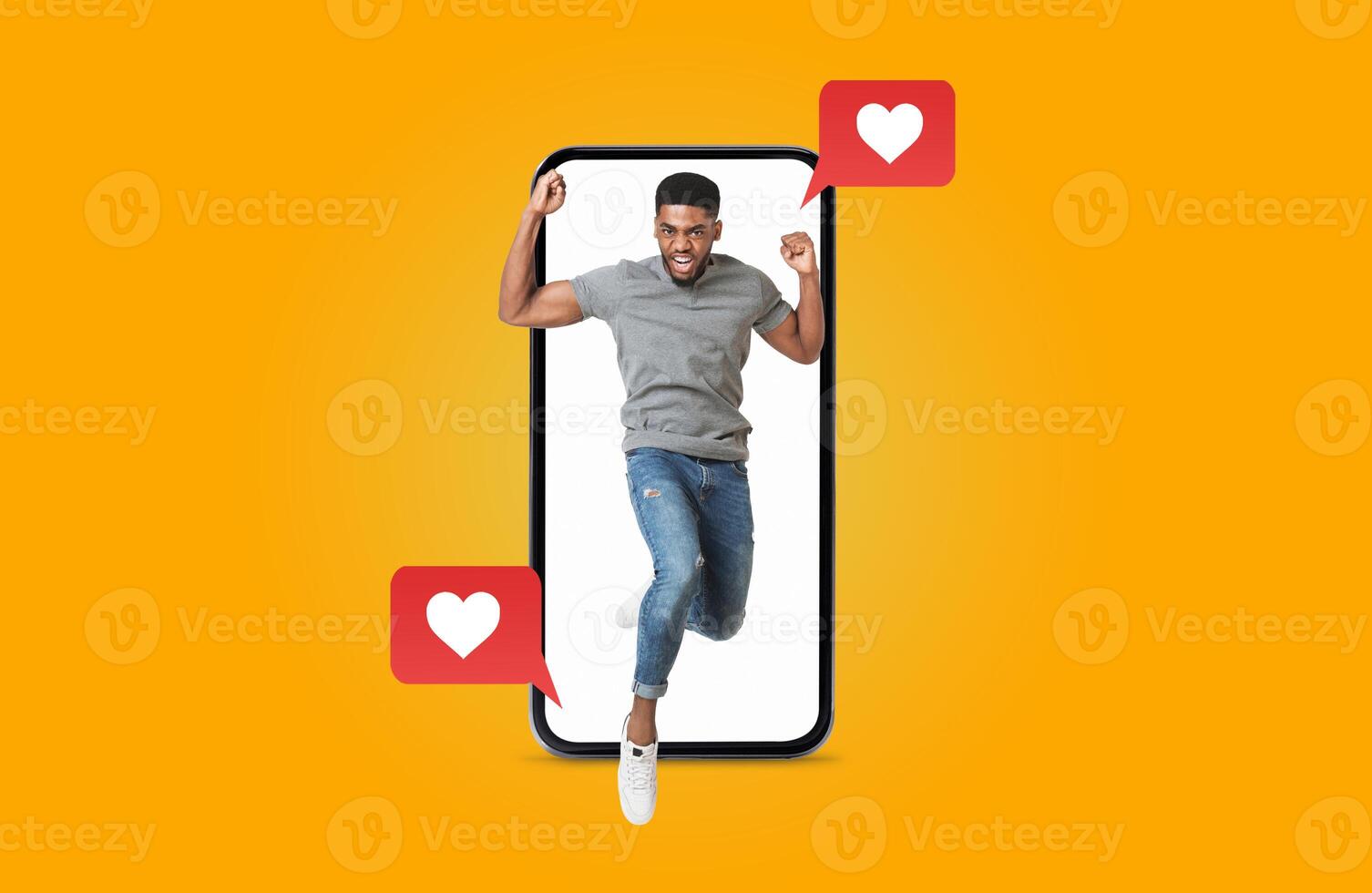 A person jumps with joy while holding a smartphone, surrounded by love-themed messages. This collage captures the essence of modern dating and social interactions during Valentine's Day festivities. photo