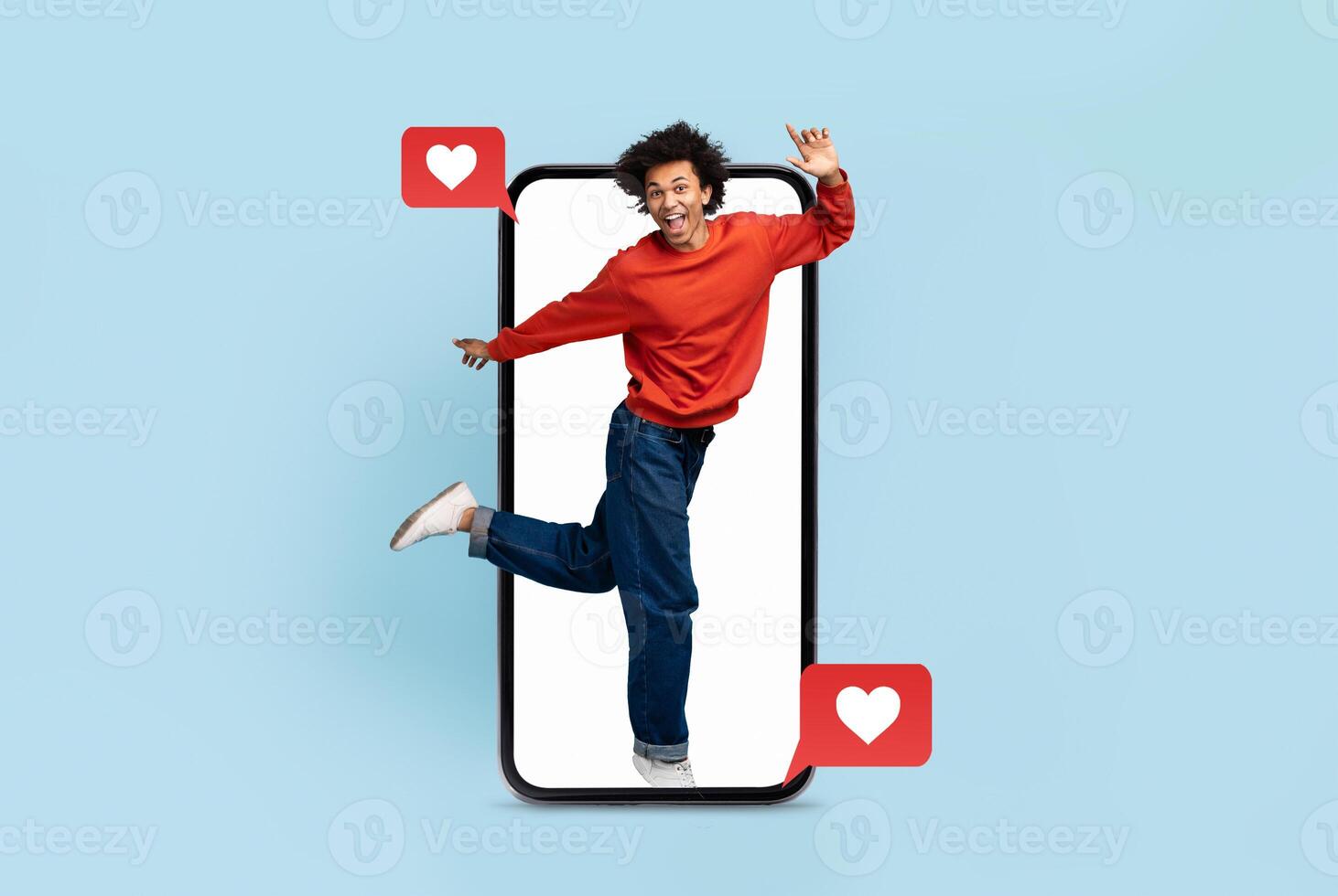 A person joyfully interacts with a smartphone, symbolizing modern communication. The collage features heart icons, representing love and connection on social media platforms. photo
