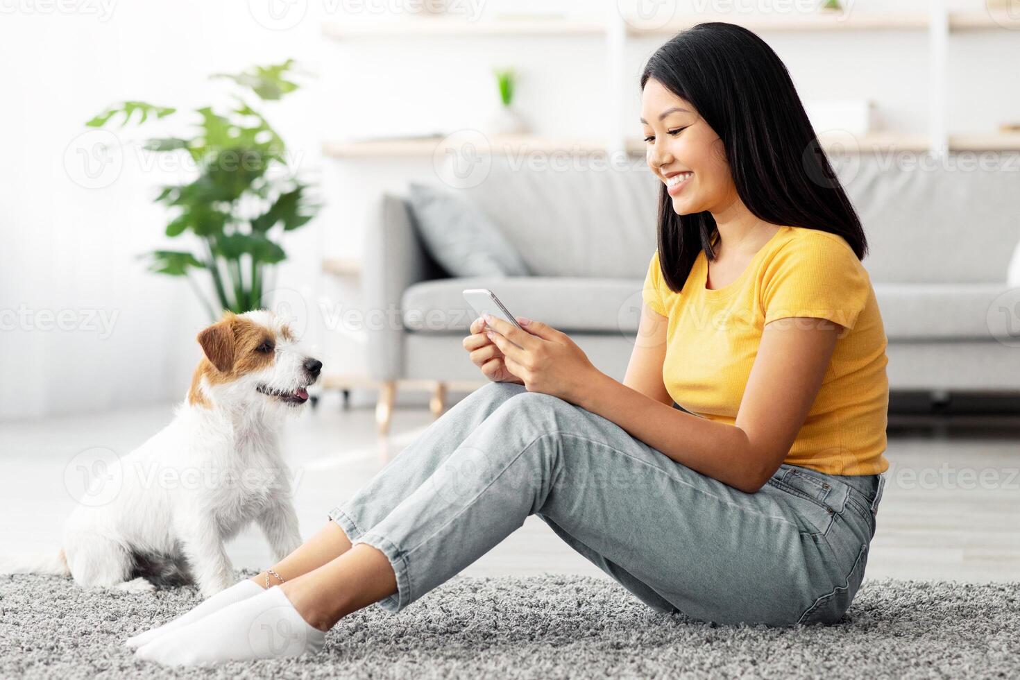 Smiling young asian lady sitting on floor at home, checking photos of her cute puppy, using cellphone, side view, copy space, jack russel terrier owner watching educational on Internet