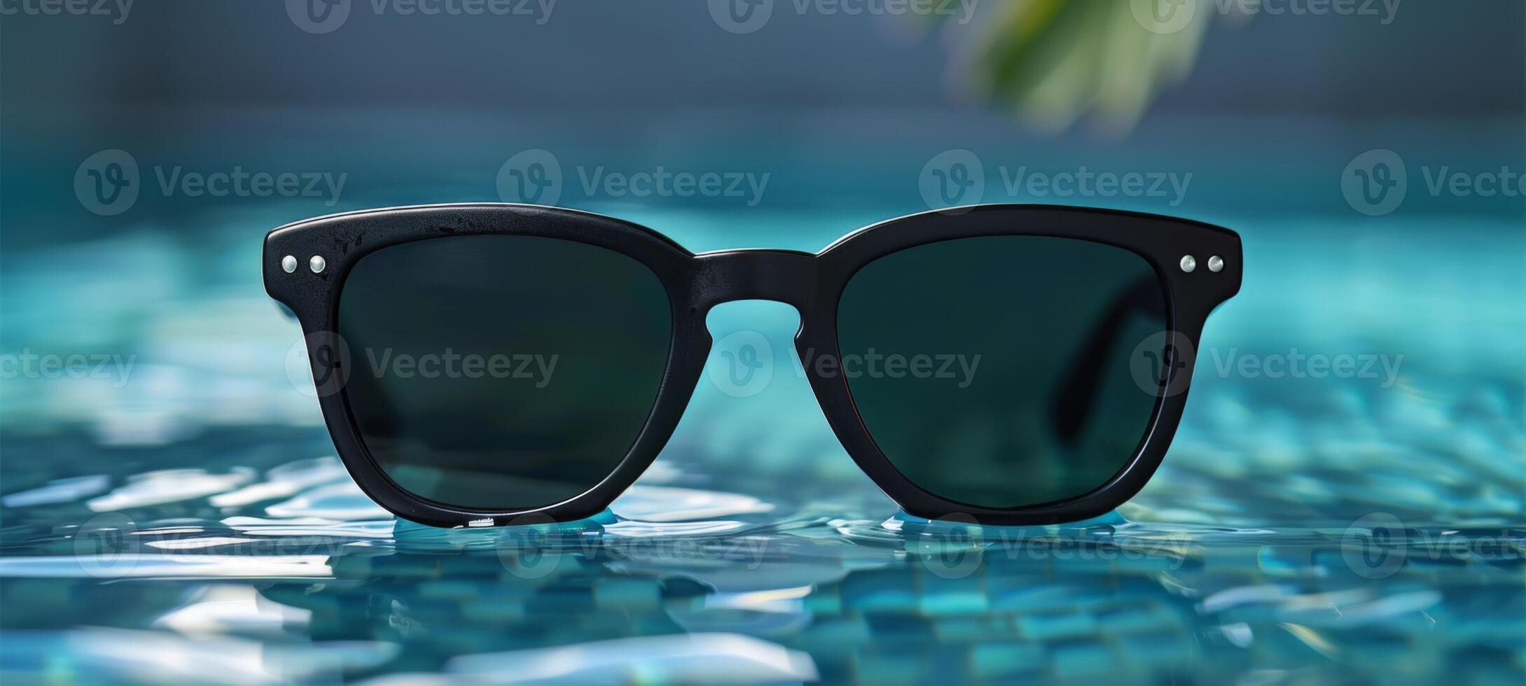 Stylish sunglasses float on the calm surface of a turquoise pool, reflecting the light of a sunny day, creating a relaxing atmosphere suitable for leisure. photo